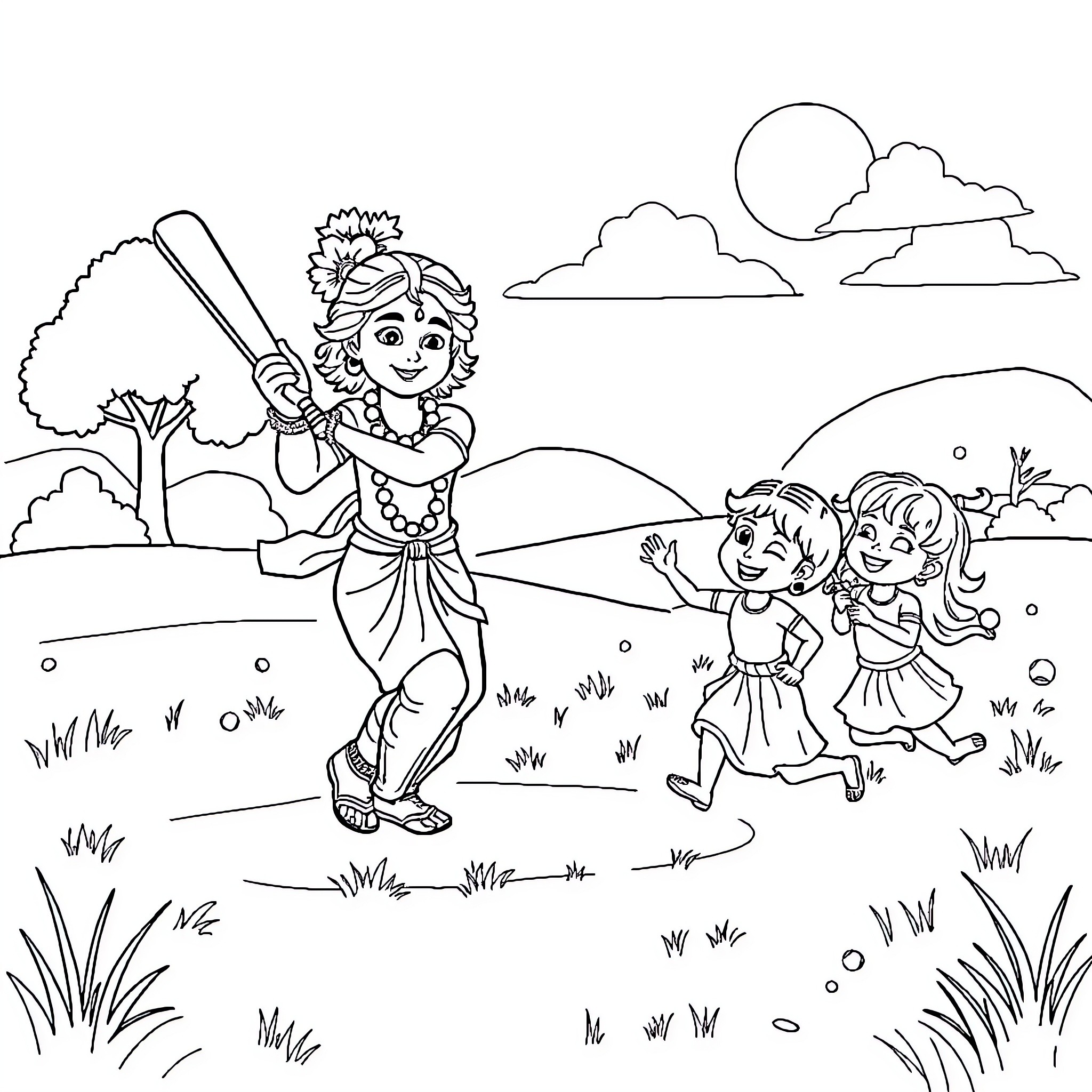 Krishna Playing with Gopis in the Meadow Coloring Page (free black-and-white line drawing printable PDF for all, from beginners to advanced learners, including children, teens, adults, and seniors)