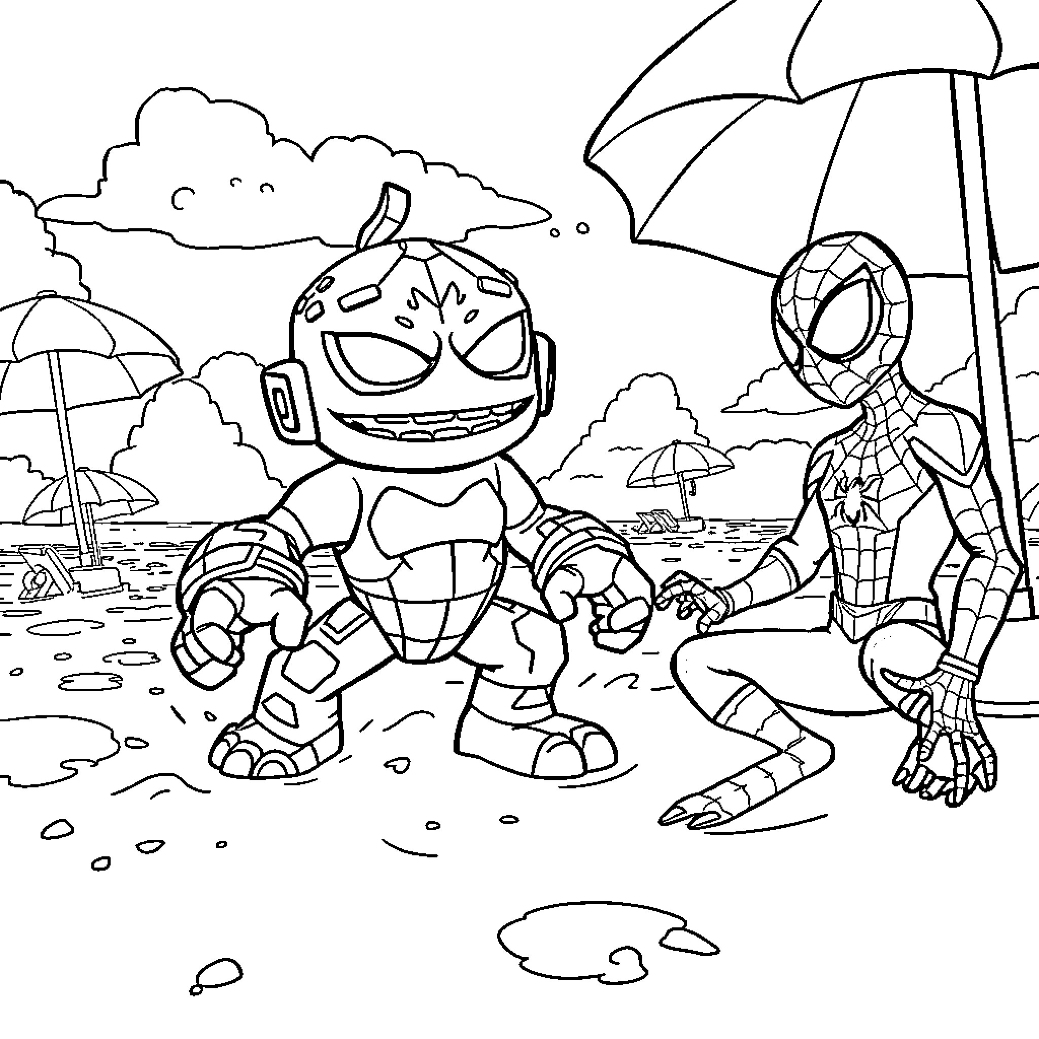 Wrecking Ball Superheroes at the Beach Coloring Page (free black-and-white line drawing printable PDF for all, from beginners to advanced learners, including children, teens, adults, and seniors)