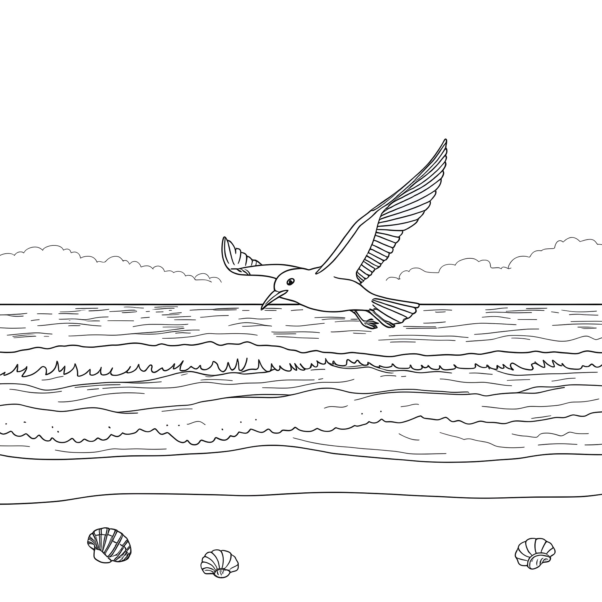 Bird soaring gracefully over the ocean waves Coloring Page (free black-and-white line drawing printable PDF for all, from beginners to advanced learners, including children, teens, adults, and seniors)