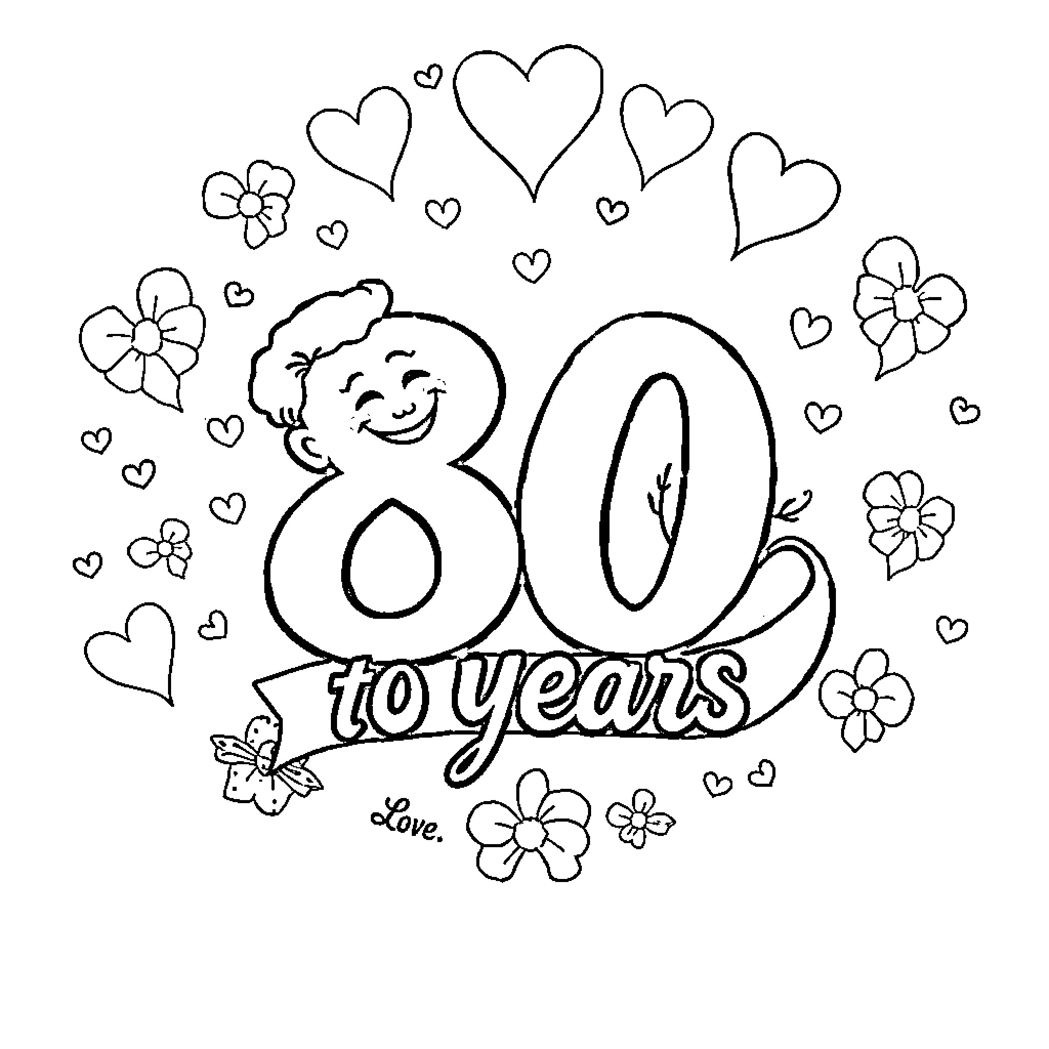 Heart-shaped Celebration of 80 Years of Love Coloring Page (free black-and-white line drawing printable PDF for all, from beginners to advanced learners, including children, teens, adults, and seniors)