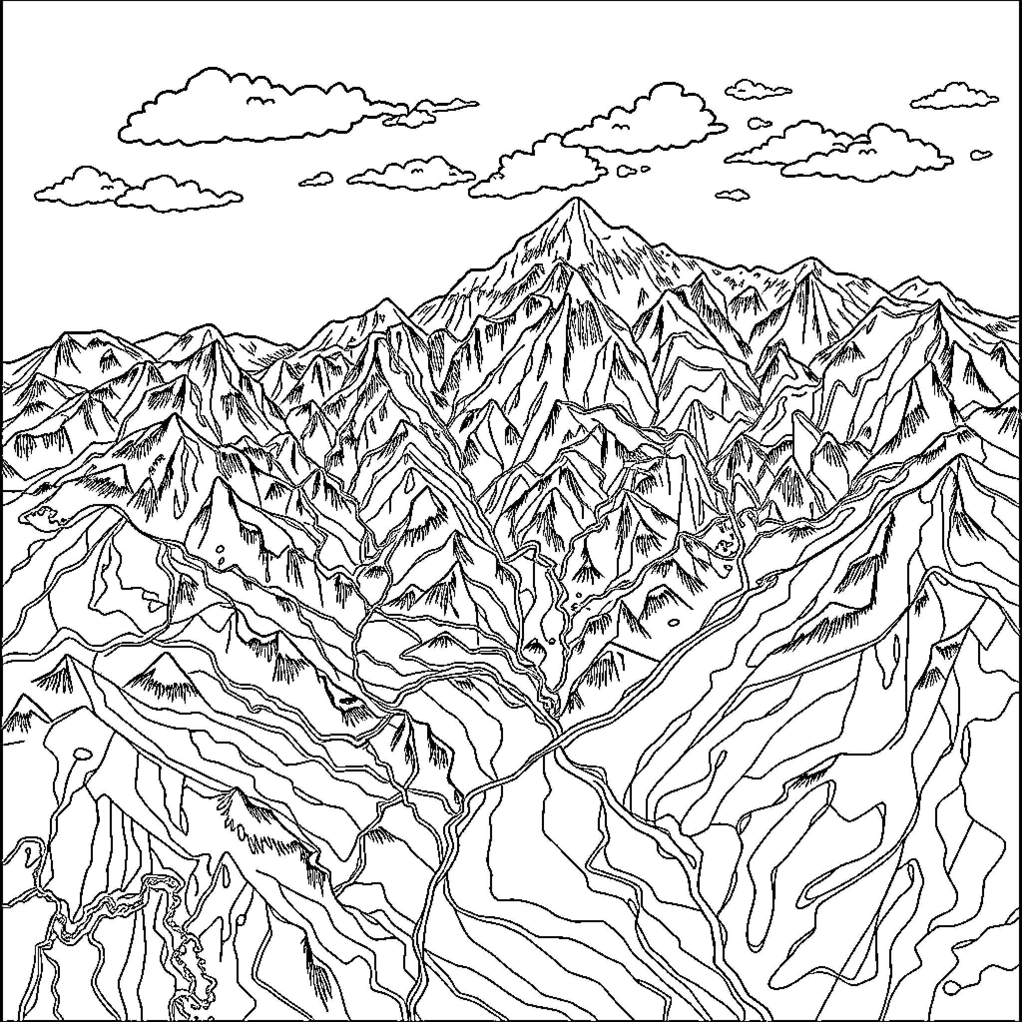 Map of Majestic Mountain Range Coloring Page (free black-and-white line drawing printable PDF for all, from beginners to advanced learners, including children, teens, adults, and seniors)