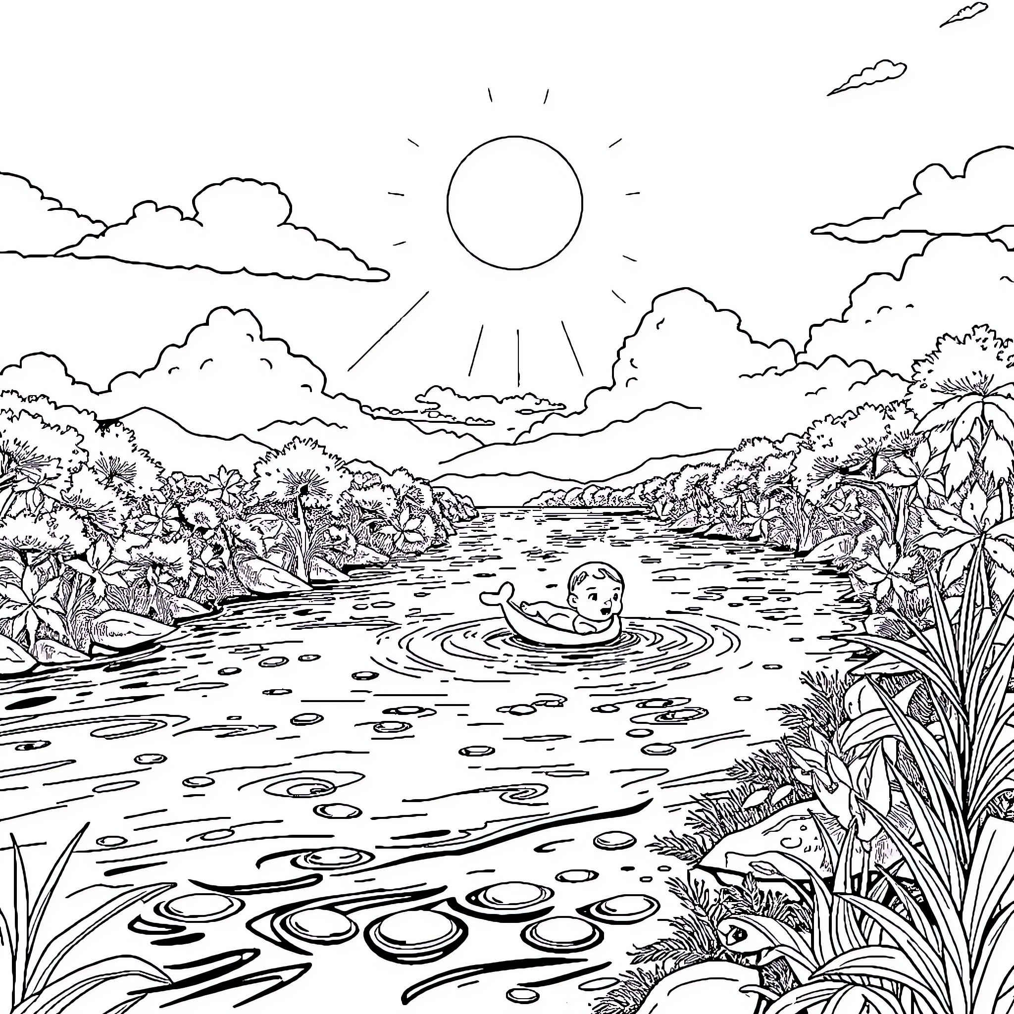 Moses leads the people through the parted waters Coloring Page (free black-and-white line drawing printable PDF for all, from beginners to advanced learners, including children, teens, adults, and seniors)