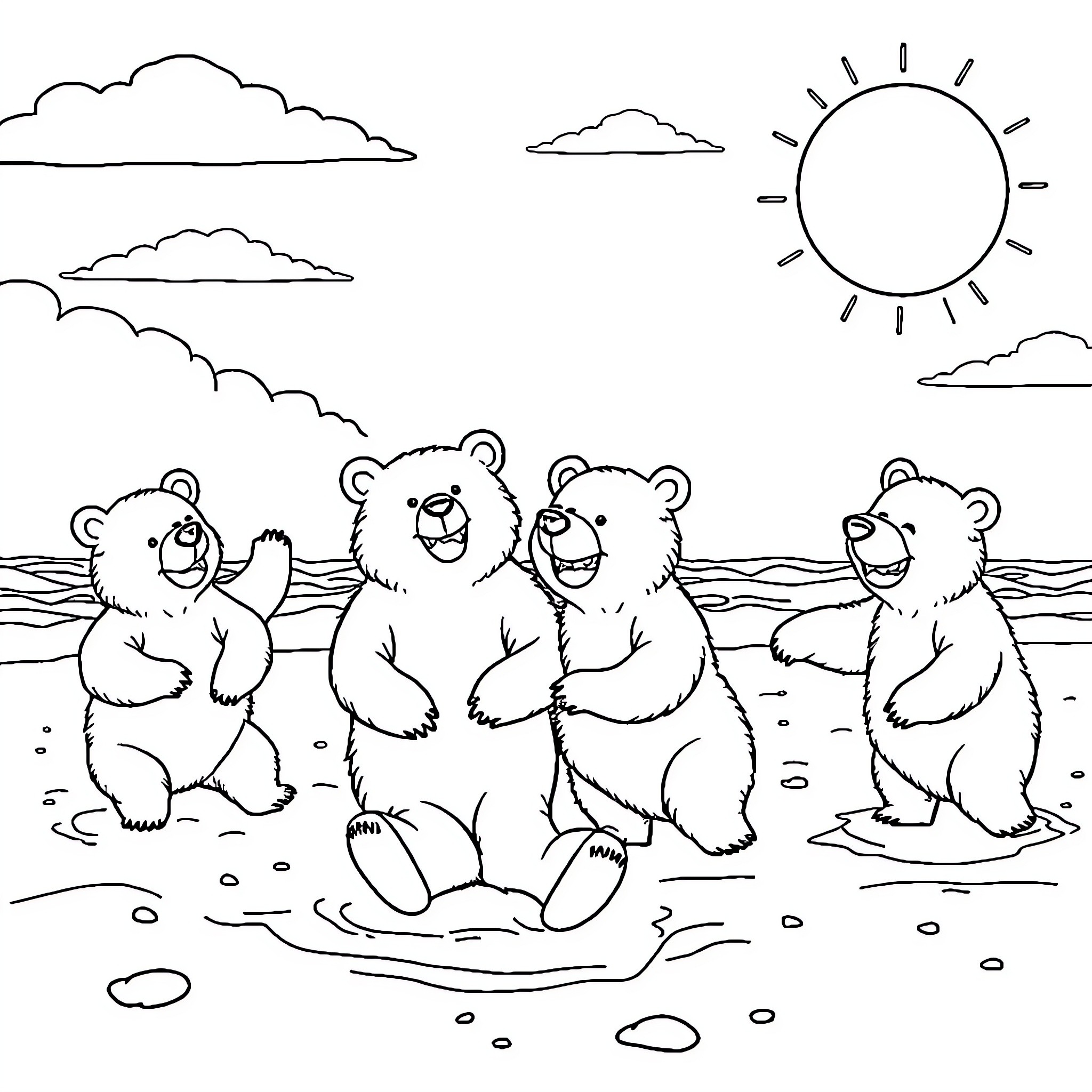 Bear Family Playing on the Beach Coloring Page (free black-and-white line drawing printable PDF for all, from beginners to advanced learners, including children, teens, adults, and seniors)