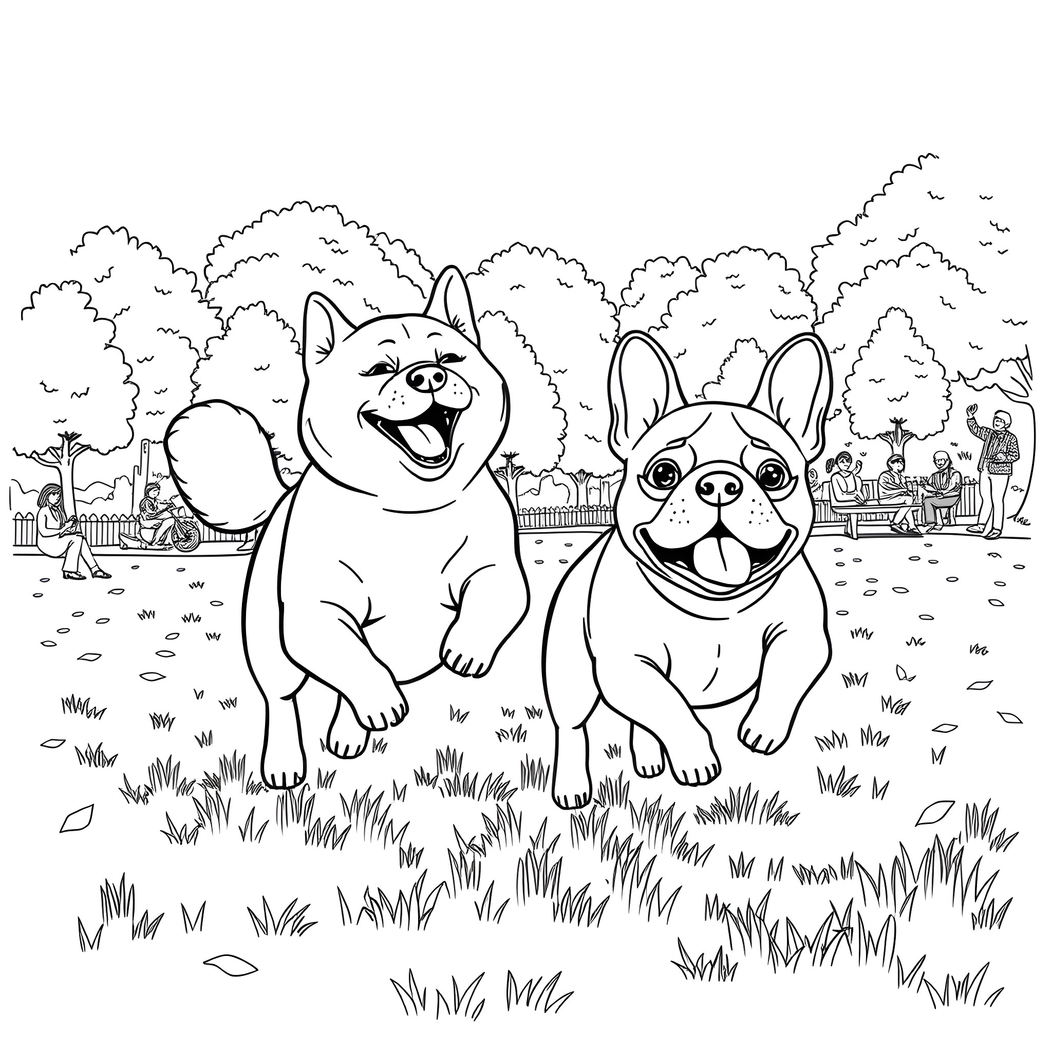 Dog friends playing happily in the park Coloring Page (free black-and-white line drawing printable PDF for all, from beginners to advanced learners, including children, teens, adults, and seniors)