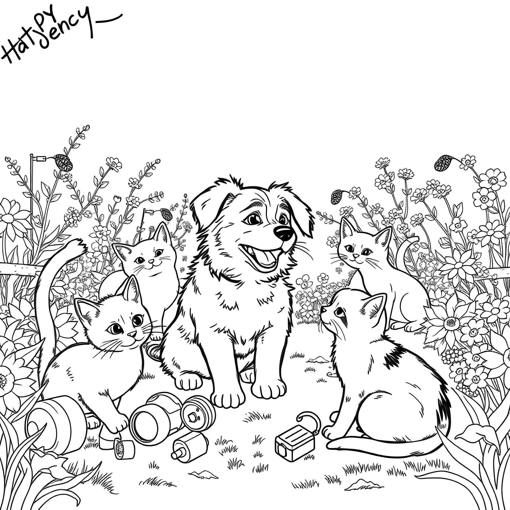 Dog and Kittens in Flower Garden Coloring Page (free black-and-white line drawing printable PDF for all, from beginners to advanced learners, including children, teens, adults, and seniors)