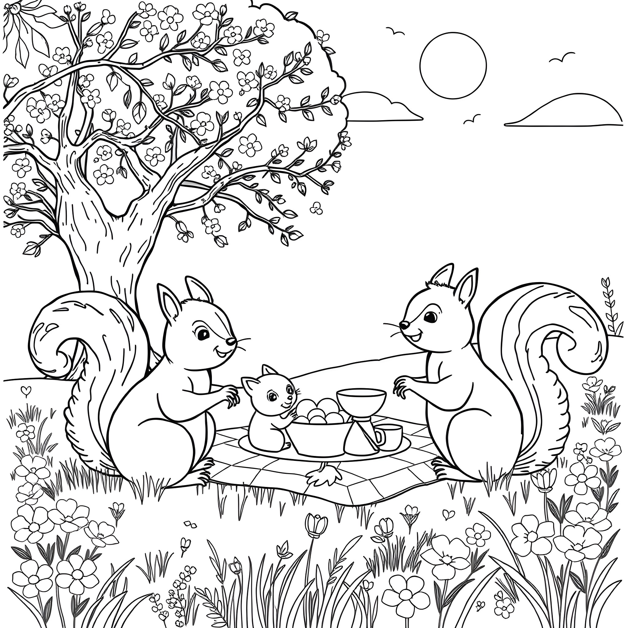 Squirrel family enjoying a picnic in the park Coloring Page (free black-and-white line drawing printable PDF for all, from beginners to advanced learners, including children, teens, adults, and seniors)