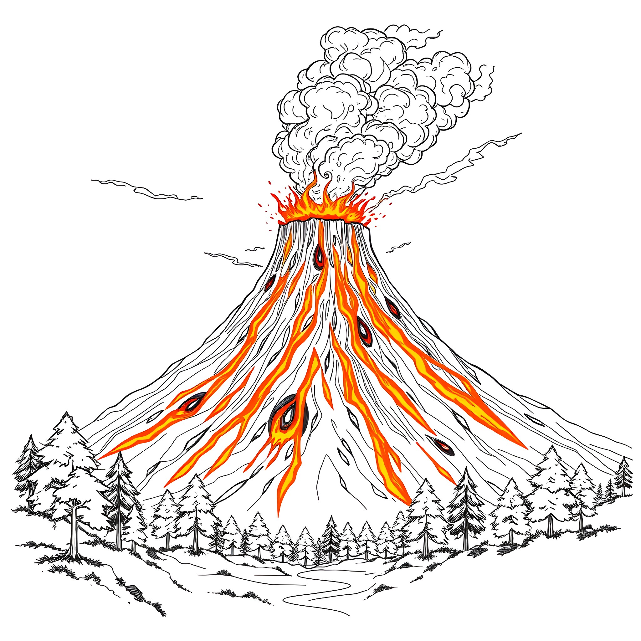 Volcano erupting violently in the wilderness Coloring Page (free black-and-white line drawing printable PDF for all, from beginners to advanced learners, including children, teens, adults, and seniors)