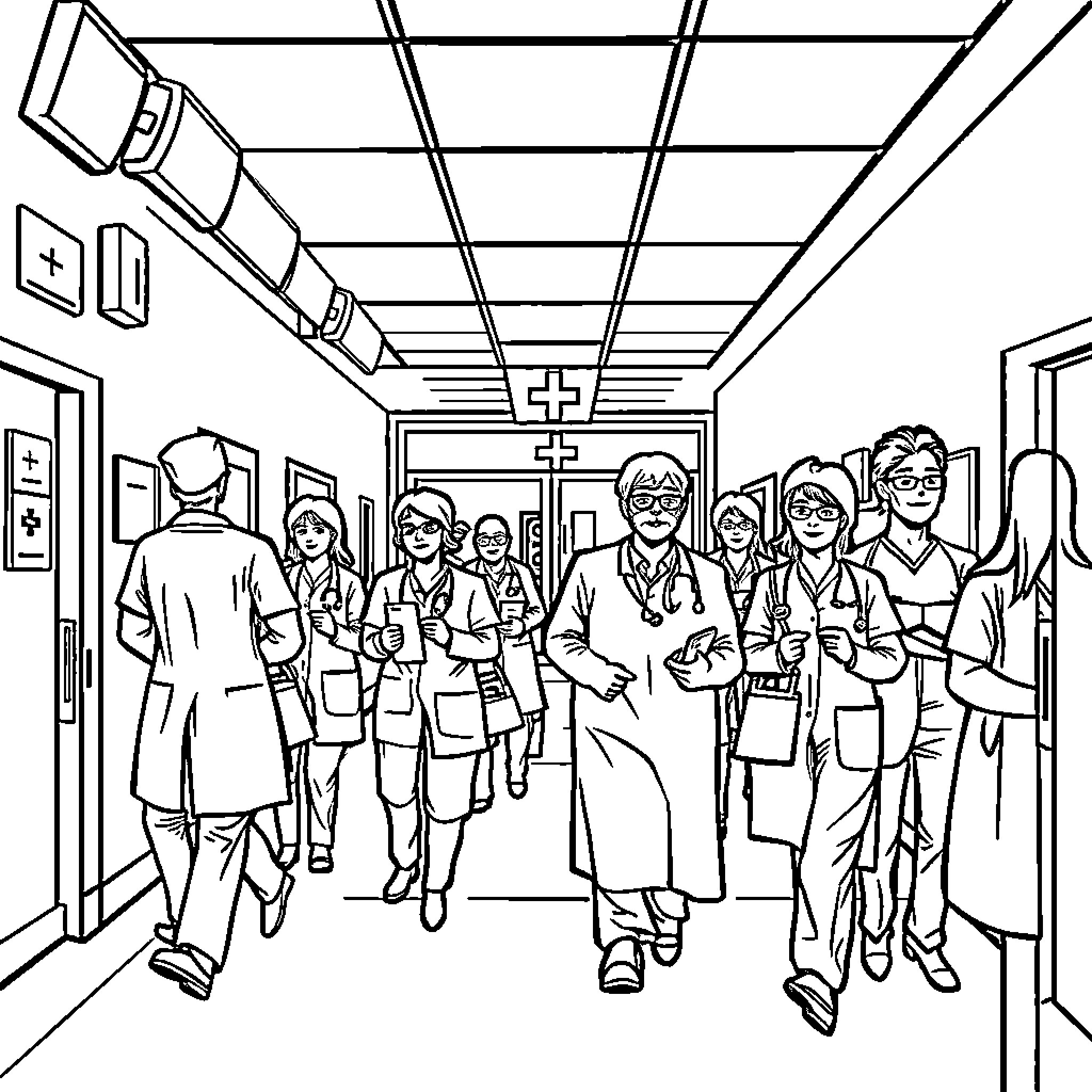 Hospital staff in action, treating patients with care Coloring Page (free black-and-white line drawing printable PDF for all, from beginners to advanced learners, including children, teens, adults, and seniors)