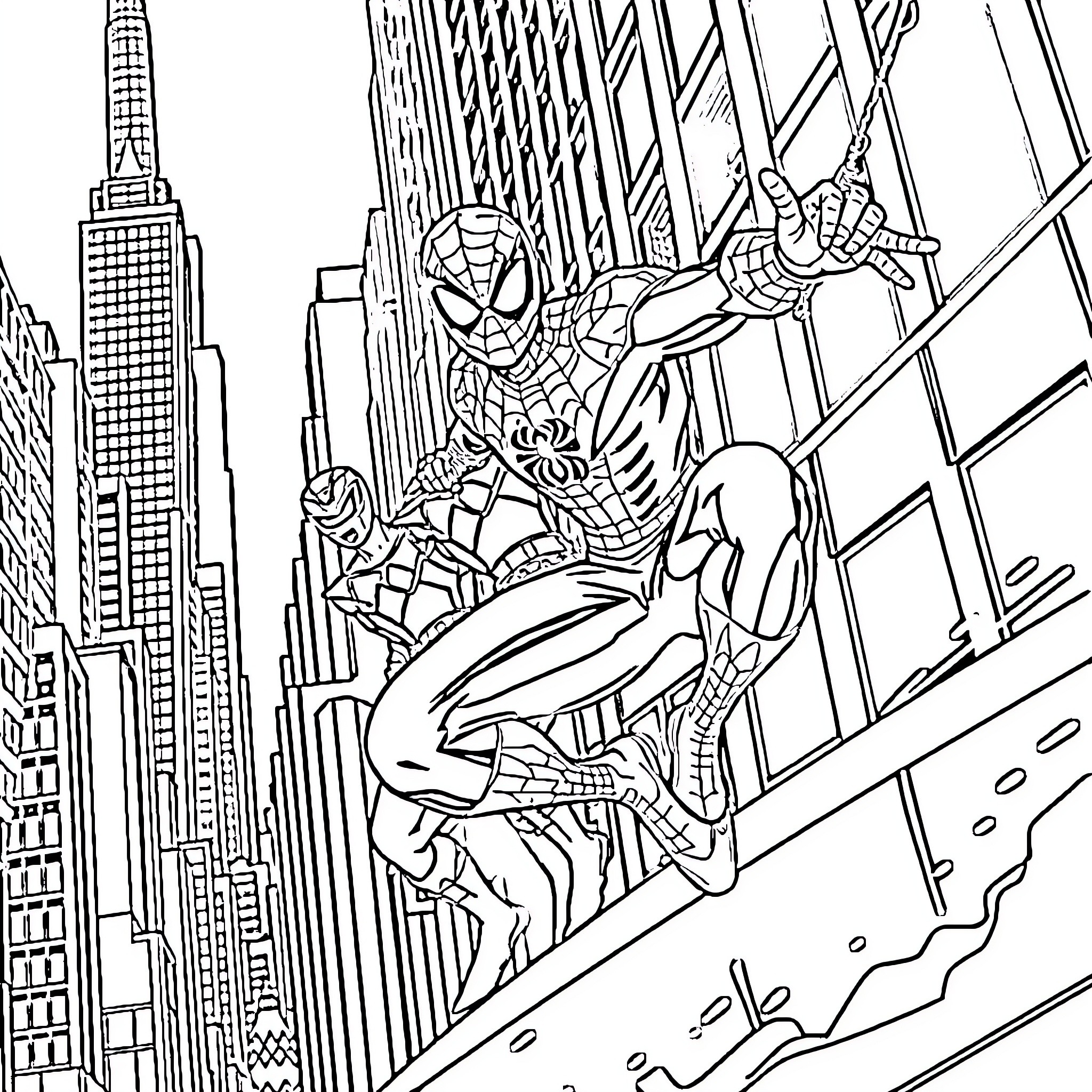 Spider-Man swinging through the city skyline Coloring Page (free black-and-white line drawing printable PDF for all, from beginners to advanced learners, including children, teens, adults, and seniors)
