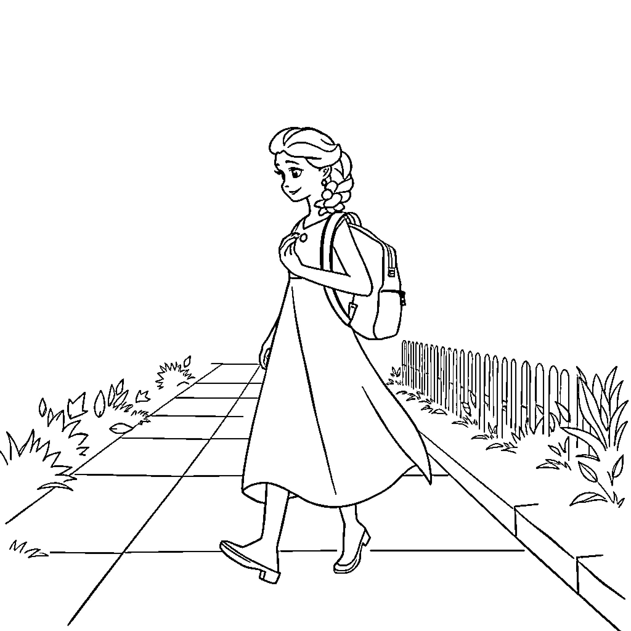 Elsa walking gracefully through the garden Coloring Page (free black-and-white line drawing printable PDF for all, from beginners to advanced learners, including children, teens, adults, and seniors)