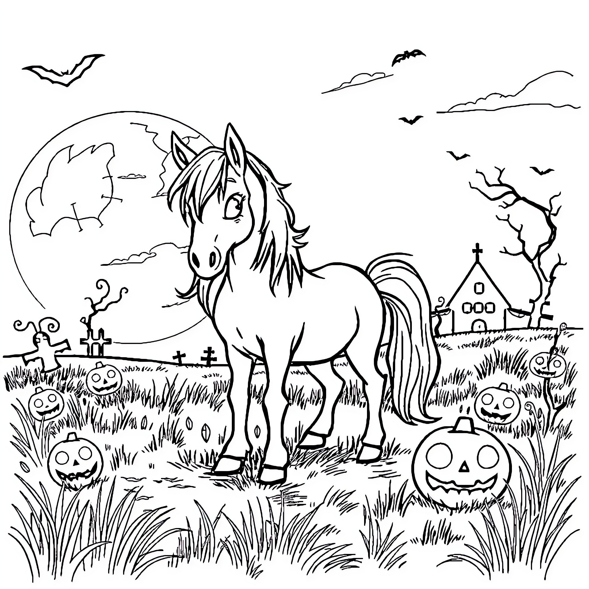 Pony in a spooky Halloween scene Coloring Page (free black-and-white line drawing printable PDF for all, from beginners to advanced learners, including children, teens, adults, and seniors)