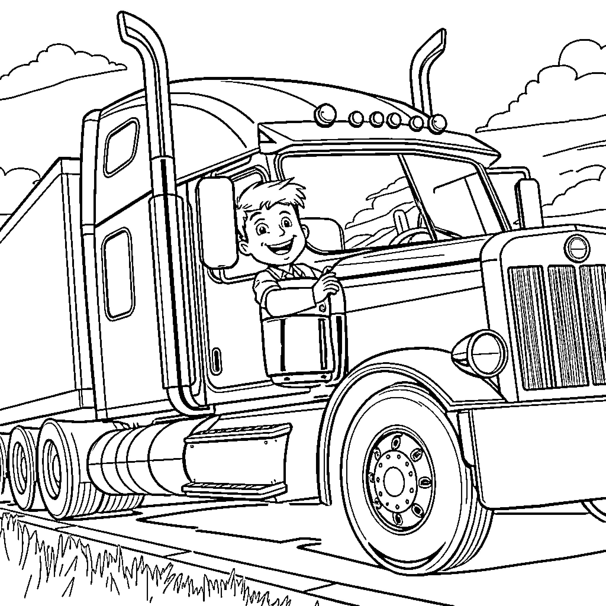 Boy driving a large semi-truck on the open road Coloring Page (free black-and-white line drawing printable PDF for all, from beginners to advanced learners, including children, teens, adults, and seniors)