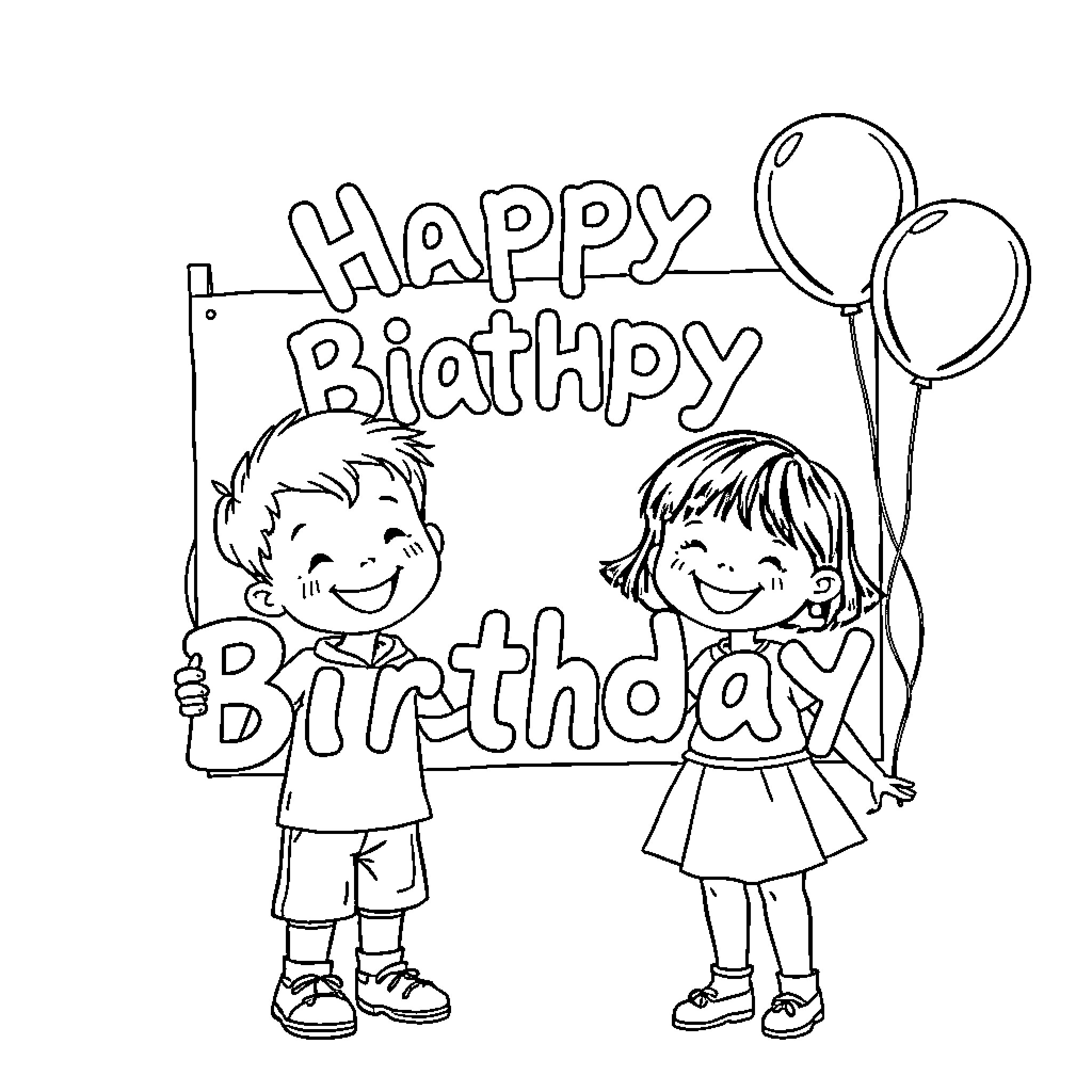 Children celebrating a happy birthday party Coloring Page (free black-and-white line drawing printable PDF for all, from beginners to advanced learners, including children, teens, adults, and seniors)