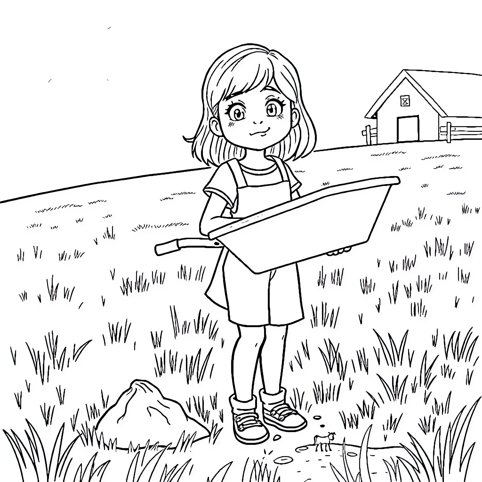 Girl carrying garden tools in the countryside Coloring Page (free black-and-white line drawing printable PDF for all, from beginners to advanced learners, including children, teens, adults, and seniors)