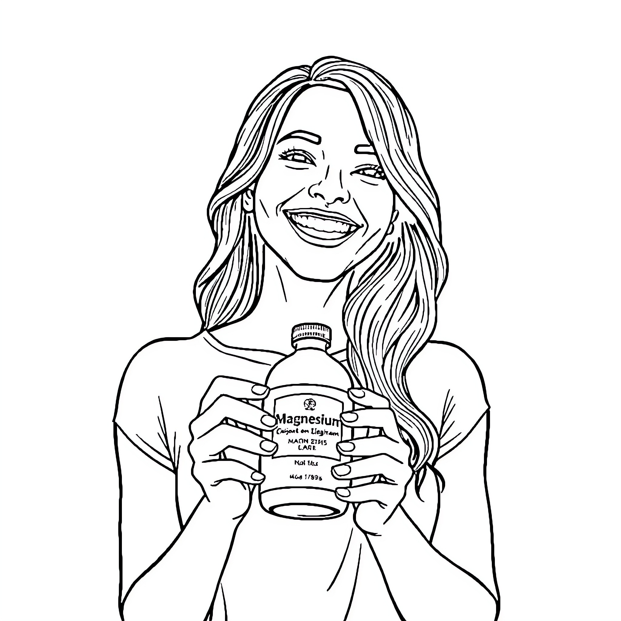Magnesium Bottle - Woman Happily Holding a Bottle Coloring Page (free black-and-white line drawing printable PDF for all, from beginners to advanced learners, including children, teens, adults, and seniors)