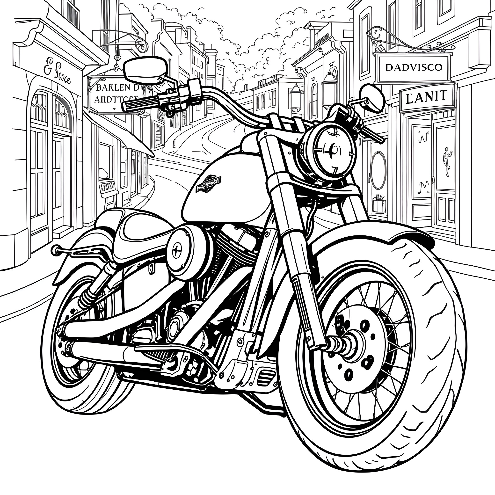 Harley Davidson Cruising Down the City Street Coloring Page (free black-and-white line drawing printable PDF for all, from beginners to advanced learners, including children, teens, adults, and seniors)