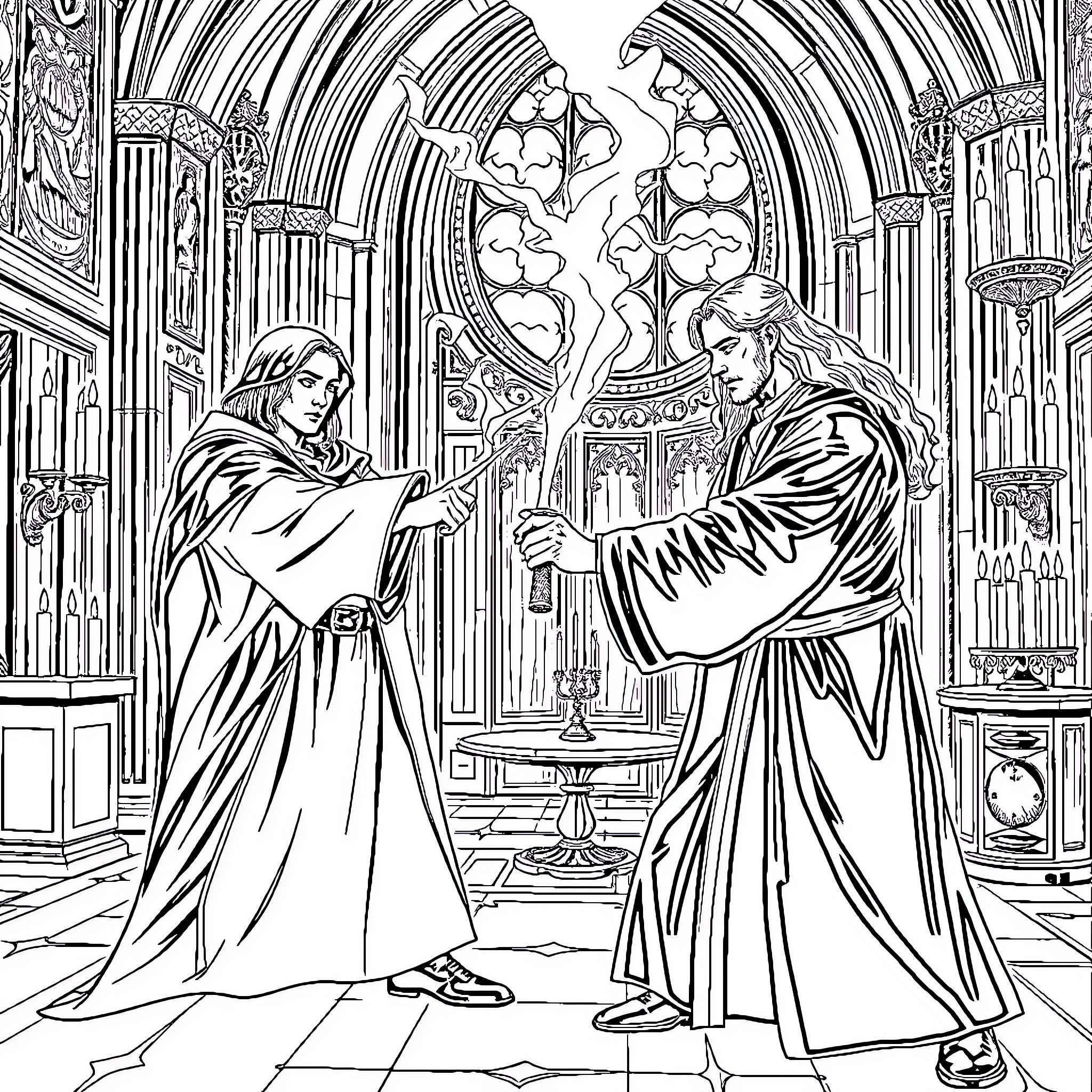 Snape and Dumbledore's Dramatic Confrontation in Hogwarts Coloring Page (free black-and-white line drawing printable PDF for all, from beginners to advanced learners, including children, teens, adults, and seniors)