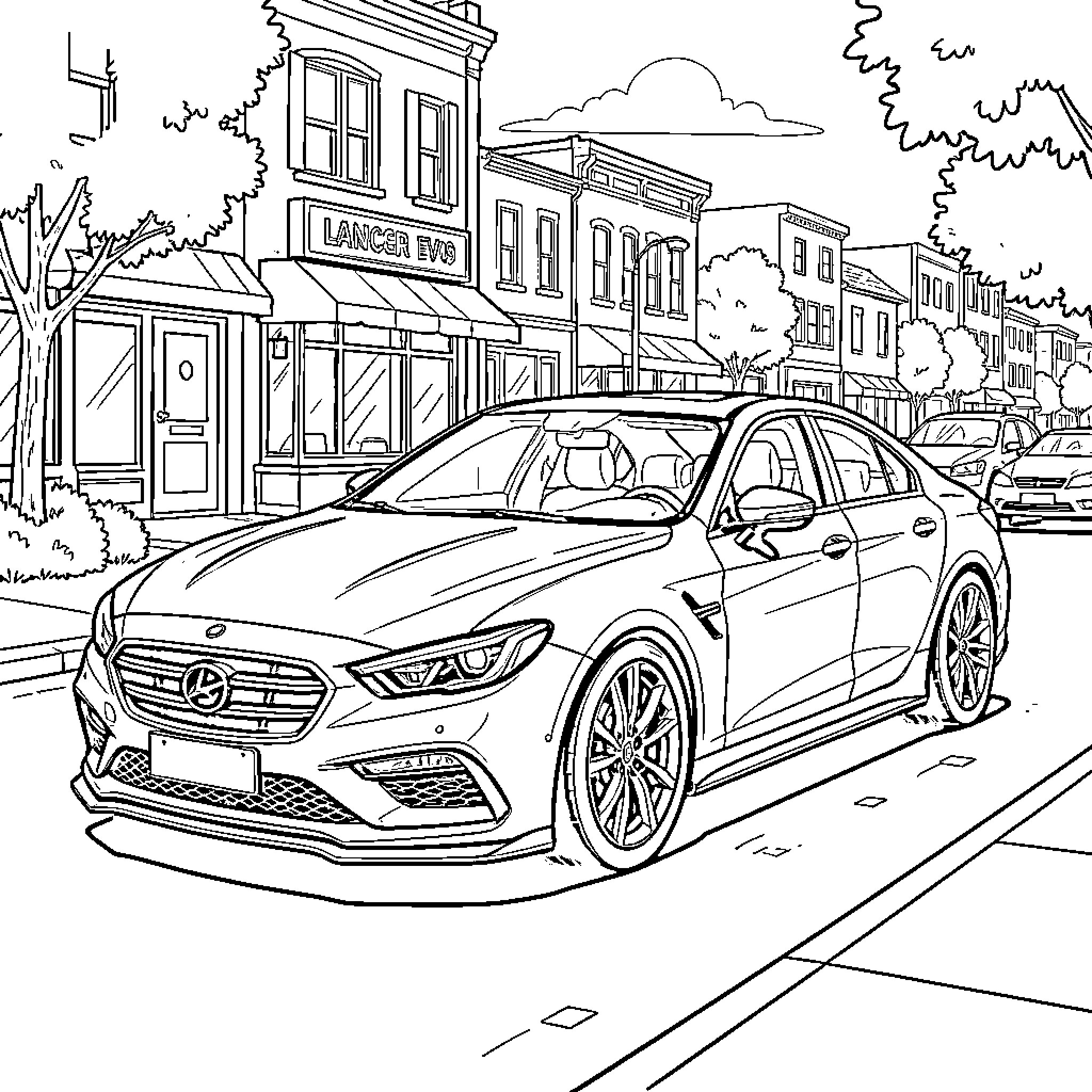 Lancer Evo 9 parked on city street Coloring Page (free black-and-white line drawing printable PDF for all, from beginners to advanced learners, including children, teens, adults, and seniors)