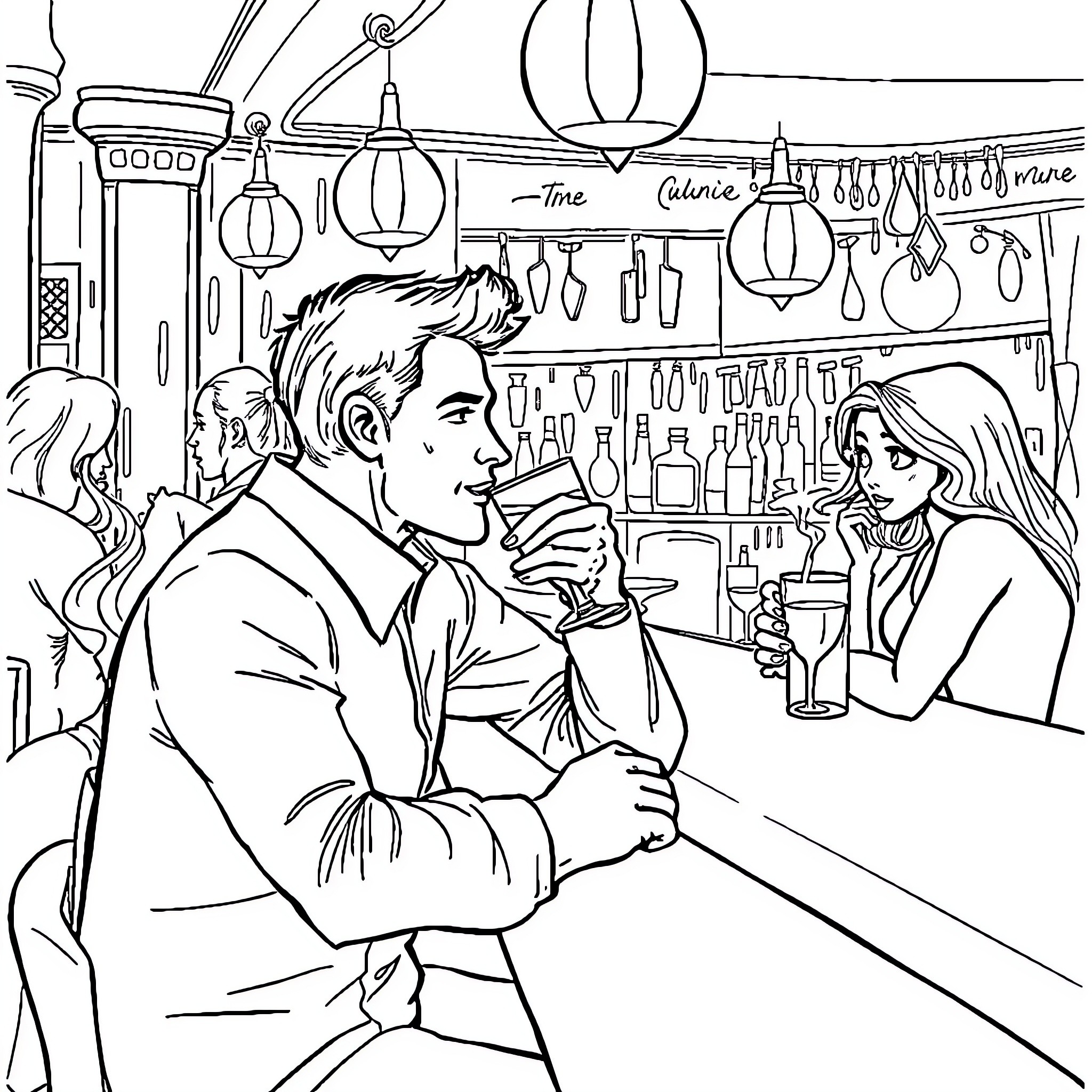 Man enjoying conversation with woman at bar Coloring Page (free black-and-white line drawing printable PDF for all, from beginners to advanced learners, including children, teens, adults, and seniors)