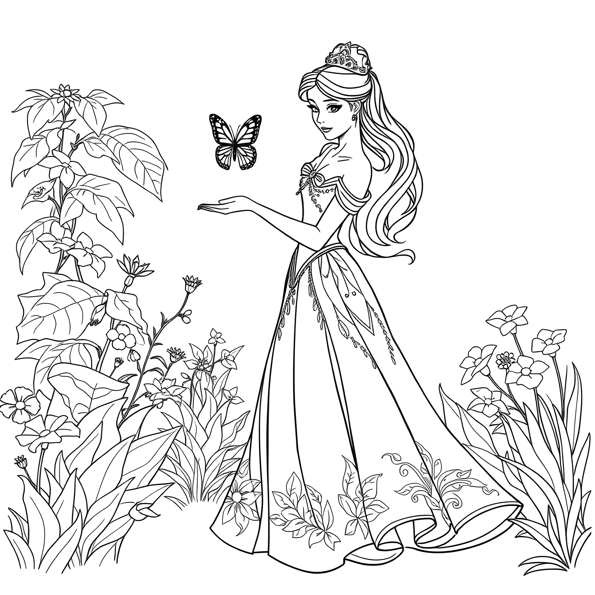 Princess in a flowery garden with butterflies Coloring Page (free black-and-white line drawing printable PDF for all, from beginners to advanced learners, including children, teens, adults, and seniors)