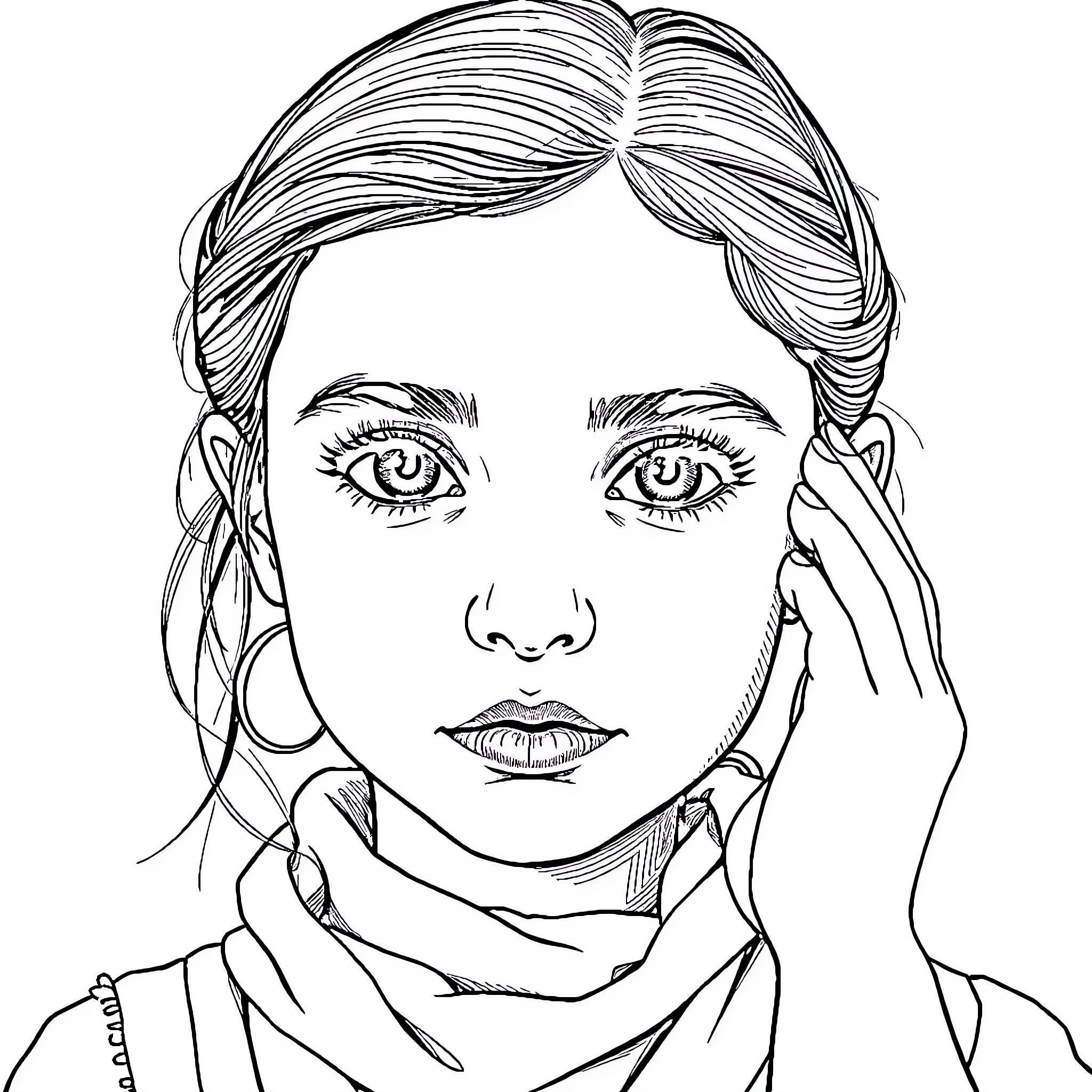 Girl in thoughtful contemplation Coloring Page (free black-and-white line drawing printable PDF for all, from beginners to advanced learners, including children, teens, adults, and seniors)