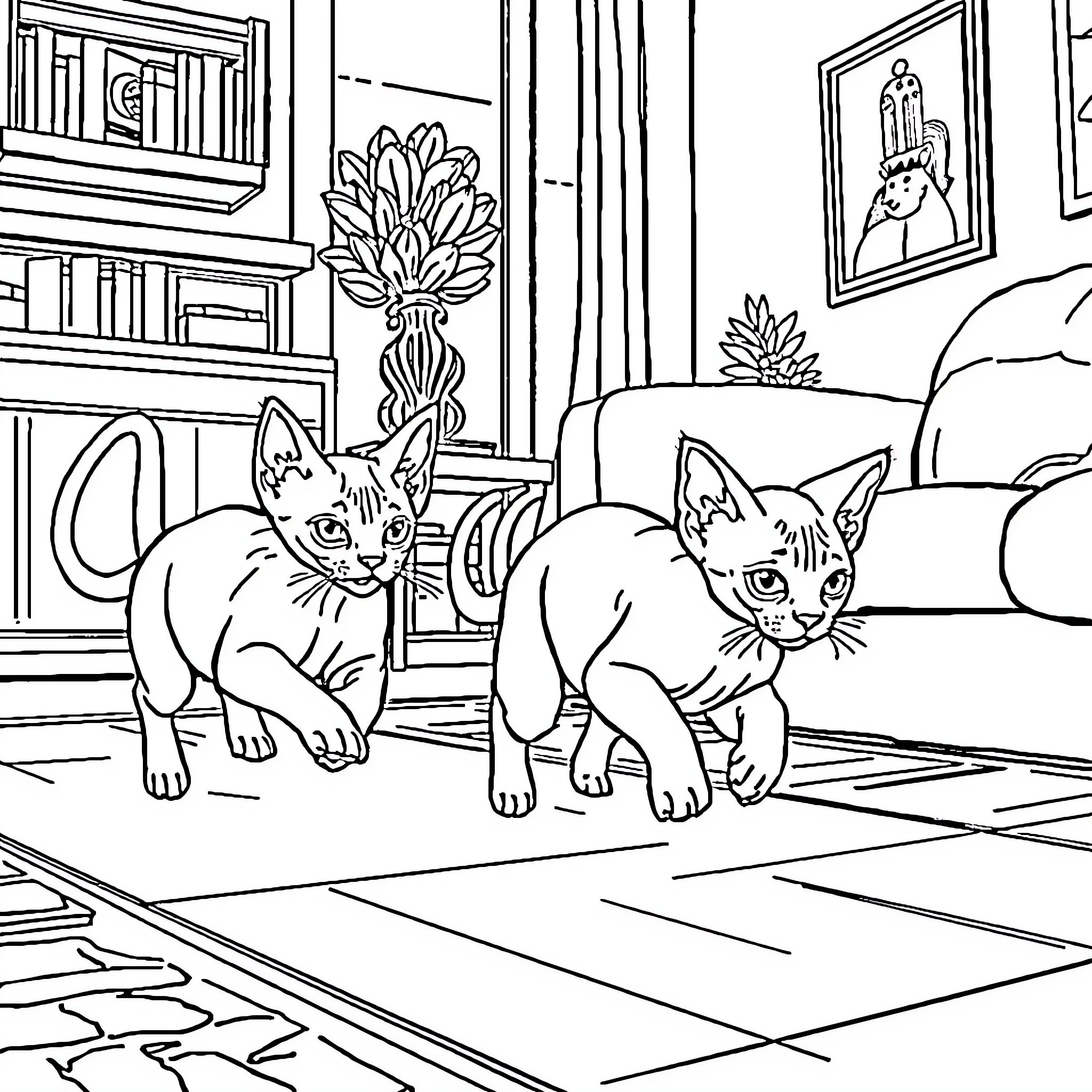 Sphynx Kittens Playing in a Cozy Home Coloring Page (free black-and-white line drawing printable PDF for all, from beginners to advanced learners, including children, teens, adults, and seniors)