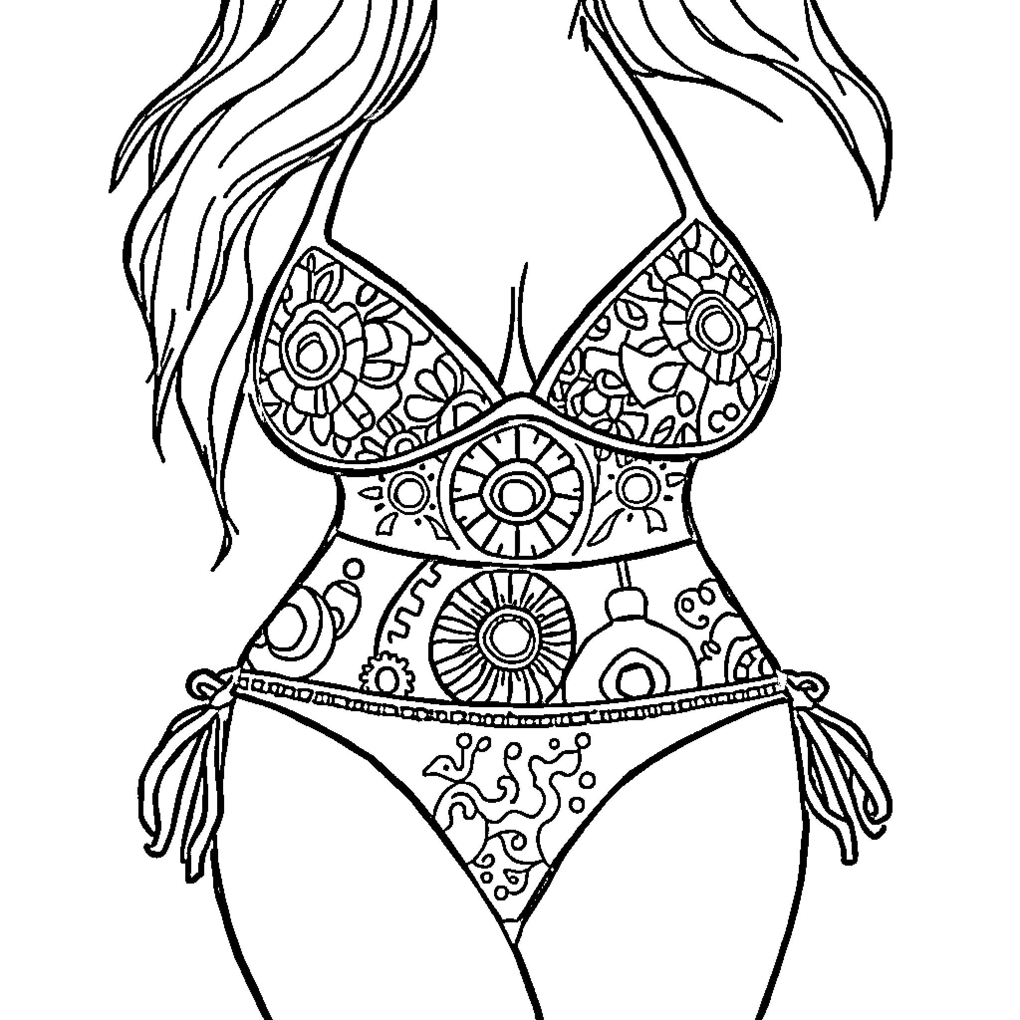 Bikini with floral patterns and waves Coloring Page (free black-and-white line drawing printable PDF for all, from beginners to advanced learners, including children, teens, adults, and seniors)