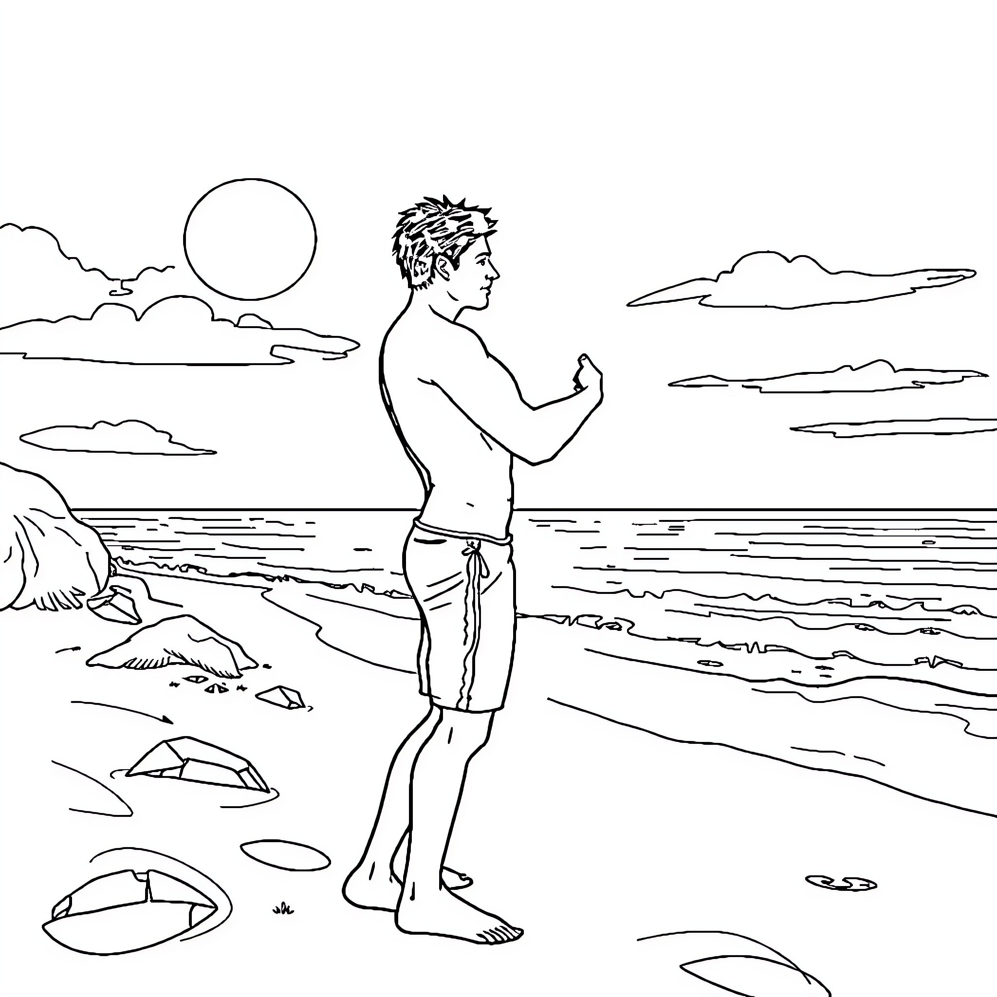 Man standing alone on the beach Coloring Page (free black-and-white line drawing printable PDF for all, from beginners to advanced learners, including children, teens, adults, and seniors)