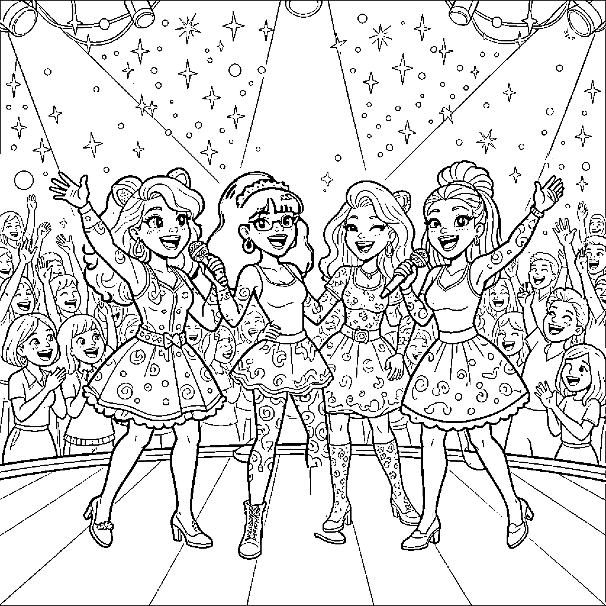 Cheetah Girls performing on stage with fans Coloring Page (free black-and-white line drawing printable PDF for all, from beginners to advanced learners, including children, teens, adults, and seniors)