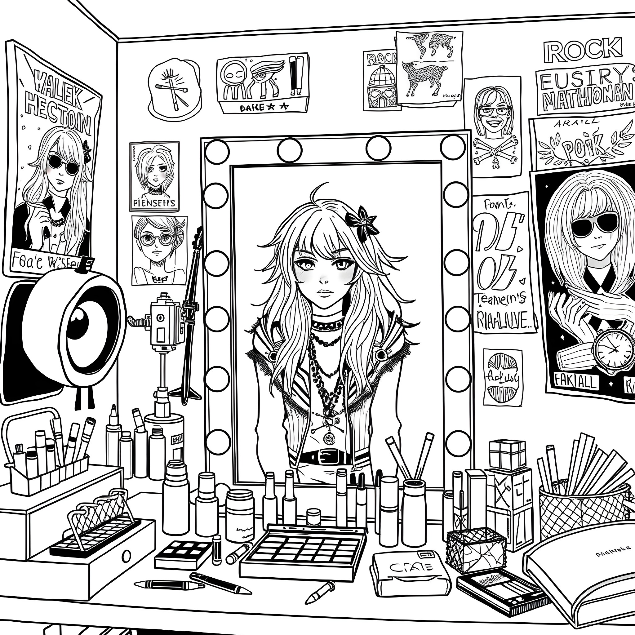Teenage Girl at Makeup Vanity Coloring Page (free black-and-white line drawing printable PDF for all, from beginners to advanced learners, including children, teens, adults, and seniors)