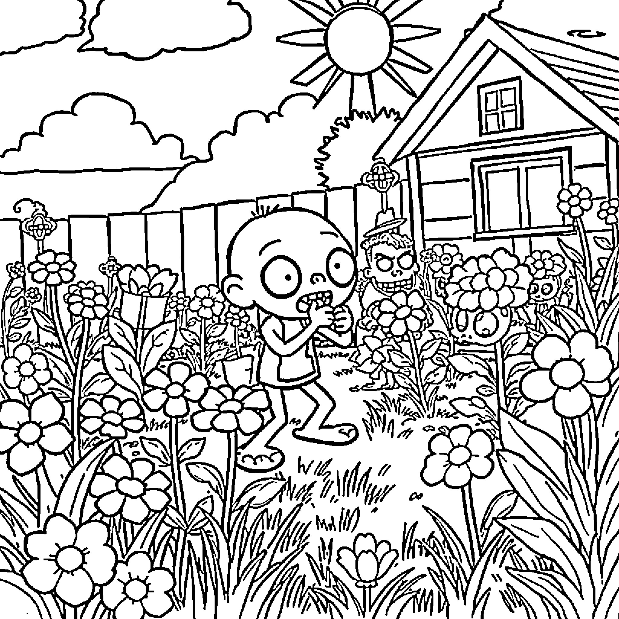 Plants vs. Zombies: Cartoon Character in Flower Garden Coloring Page (free black-and-white line drawing printable PDF for all, from beginners to advanced learners, including children, teens, adults, and seniors)