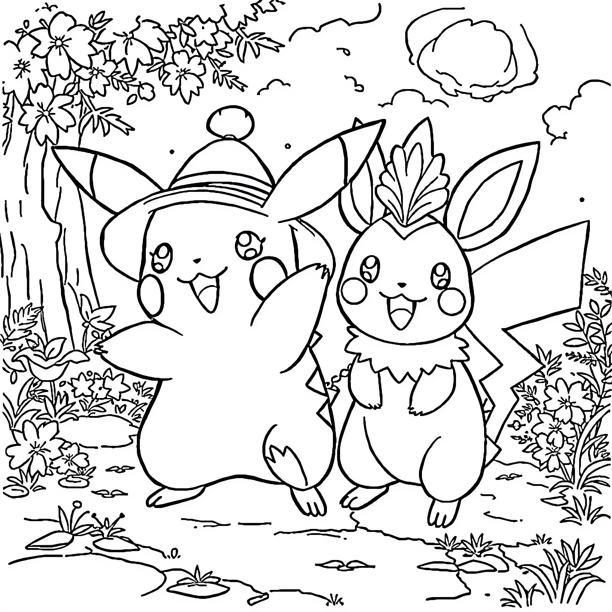 Pikachu and Bunny Enjoying Outdoor Adventure Coloring Page (free black-and-white line drawing printable PDF for all, from beginners to advanced learners, including children, teens, adults, and seniors)