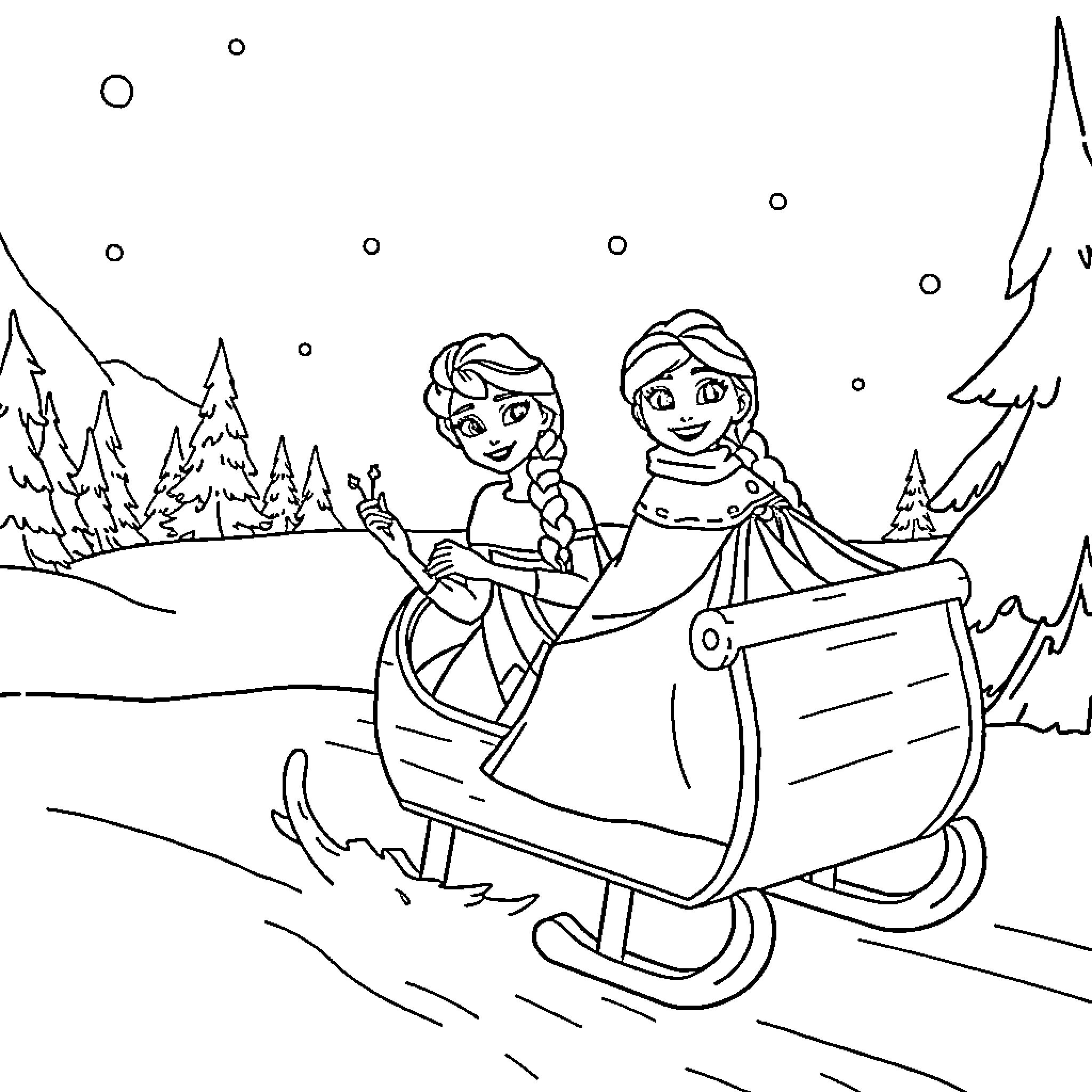 Frozen Characters Riding a Sleigh in a Snowy Landscape Coloring Page (free black-and-white line drawing printable PDF for all, from beginners to advanced learners, including children, teens, adults, and seniors)