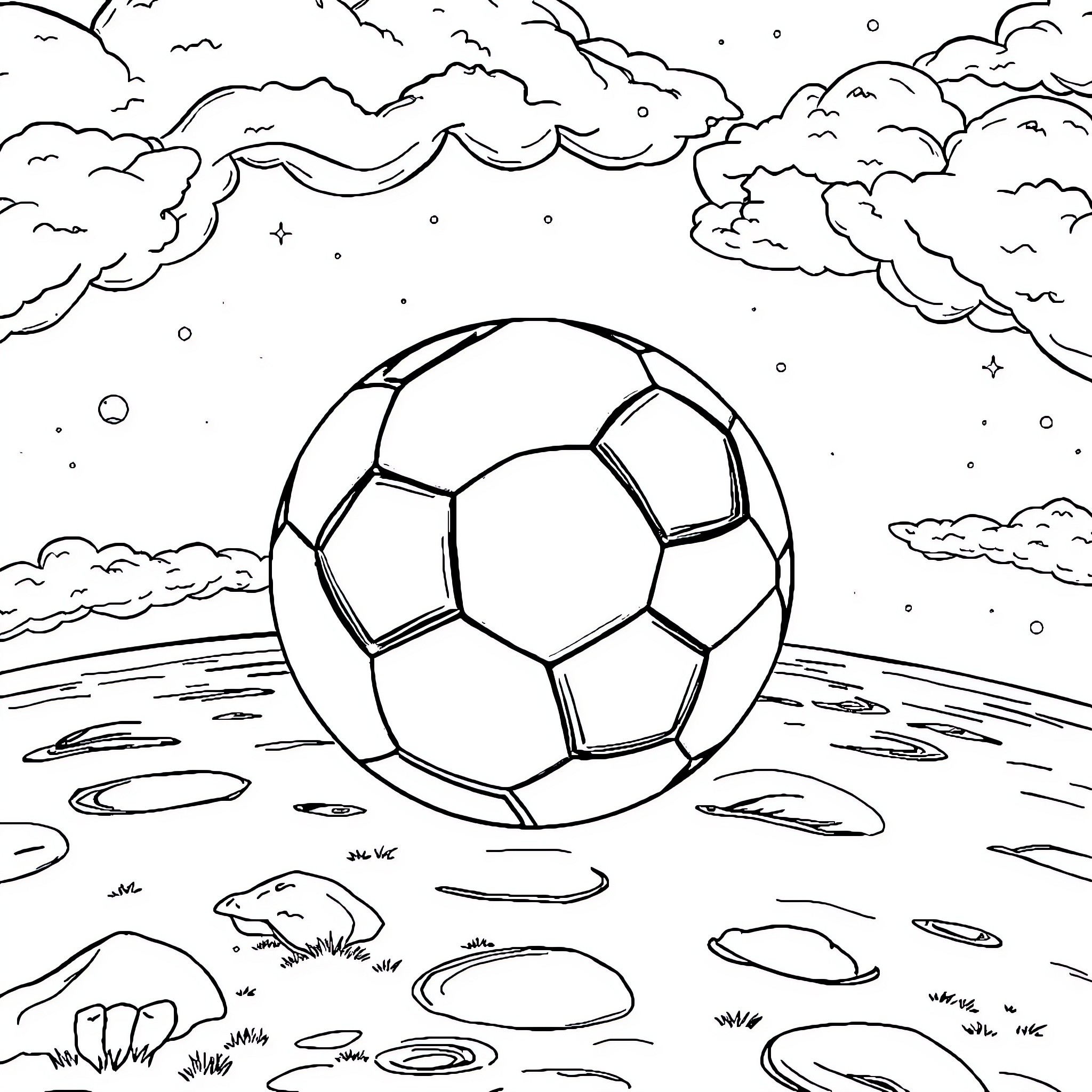 Football in the Cloudy Outdoors Coloring Page (free black-and-white line drawing printable PDF for all, from beginners to advanced learners, including children, teens, adults, and seniors)