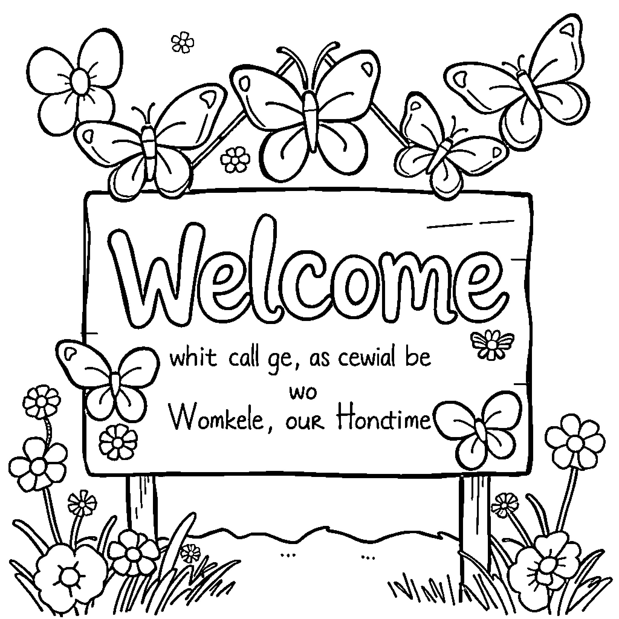 Butterfly Welcome Sign with Flowers and Butterflies Coloring Page (free black-and-white line drawing printable PDF for all, from beginners to advanced learners, including children, teens, adults, and seniors)