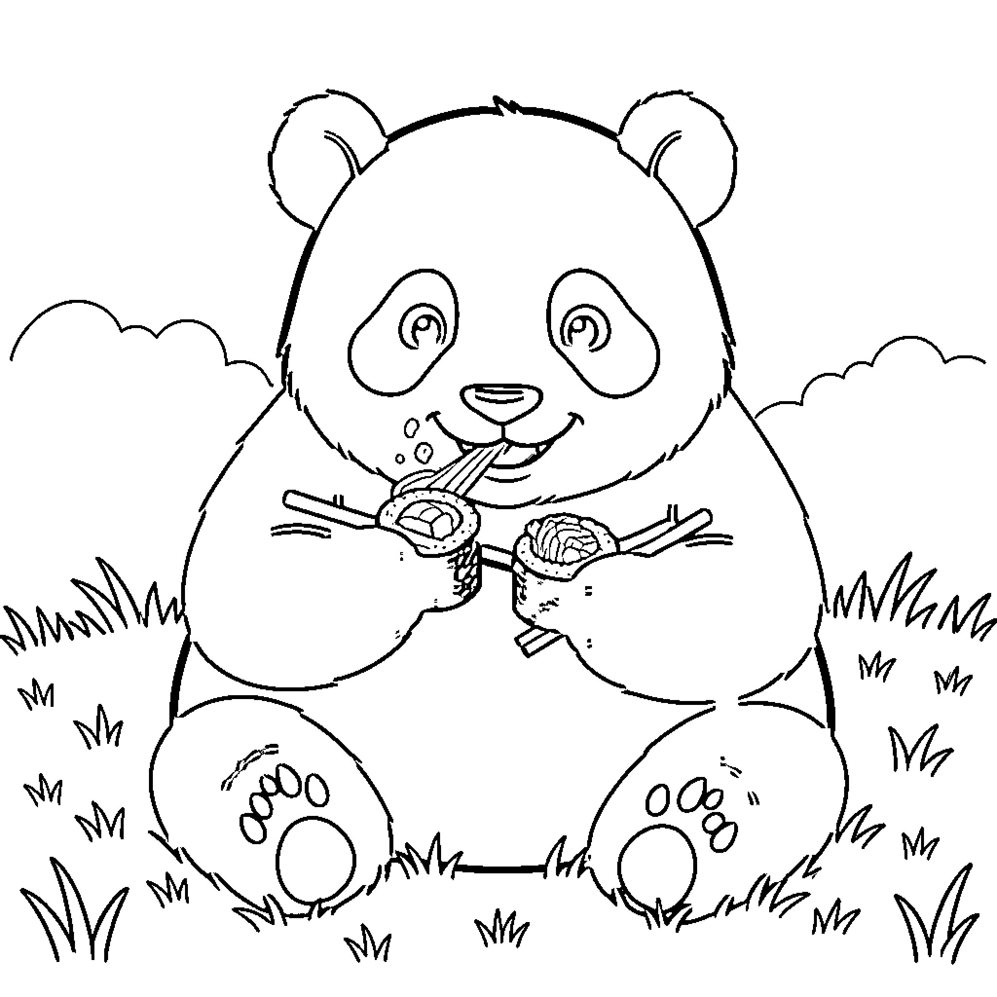 Panda enjoying bamboo snack in nature Coloring Page (free black-and-white line drawing printable PDF for all, from beginners to advanced learners, including children, teens, adults, and seniors)