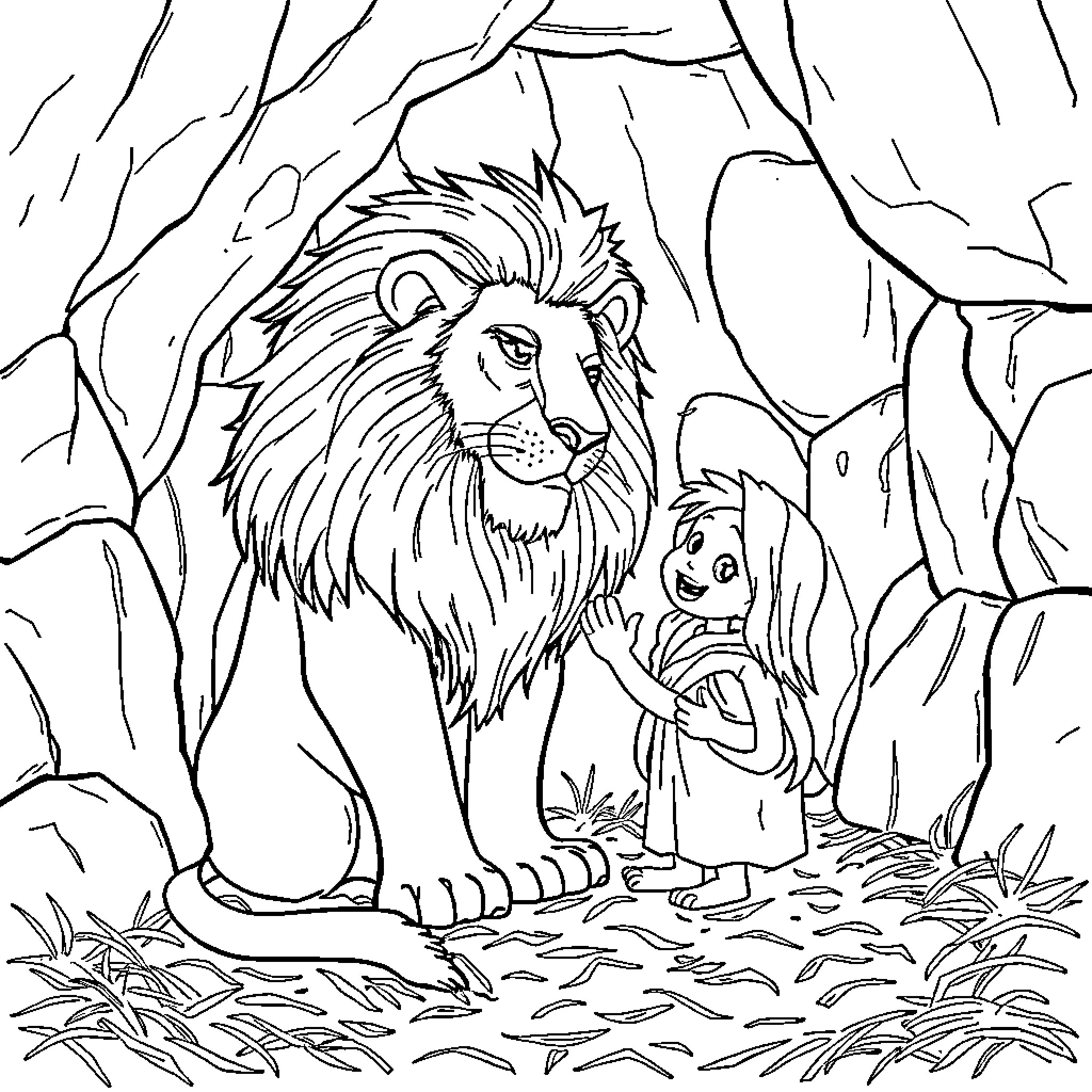 Lion and cub in the jungle Coloring Page (free black-and-white line drawing printable PDF for all, from beginners to advanced learners, including children, teens, adults, and seniors)