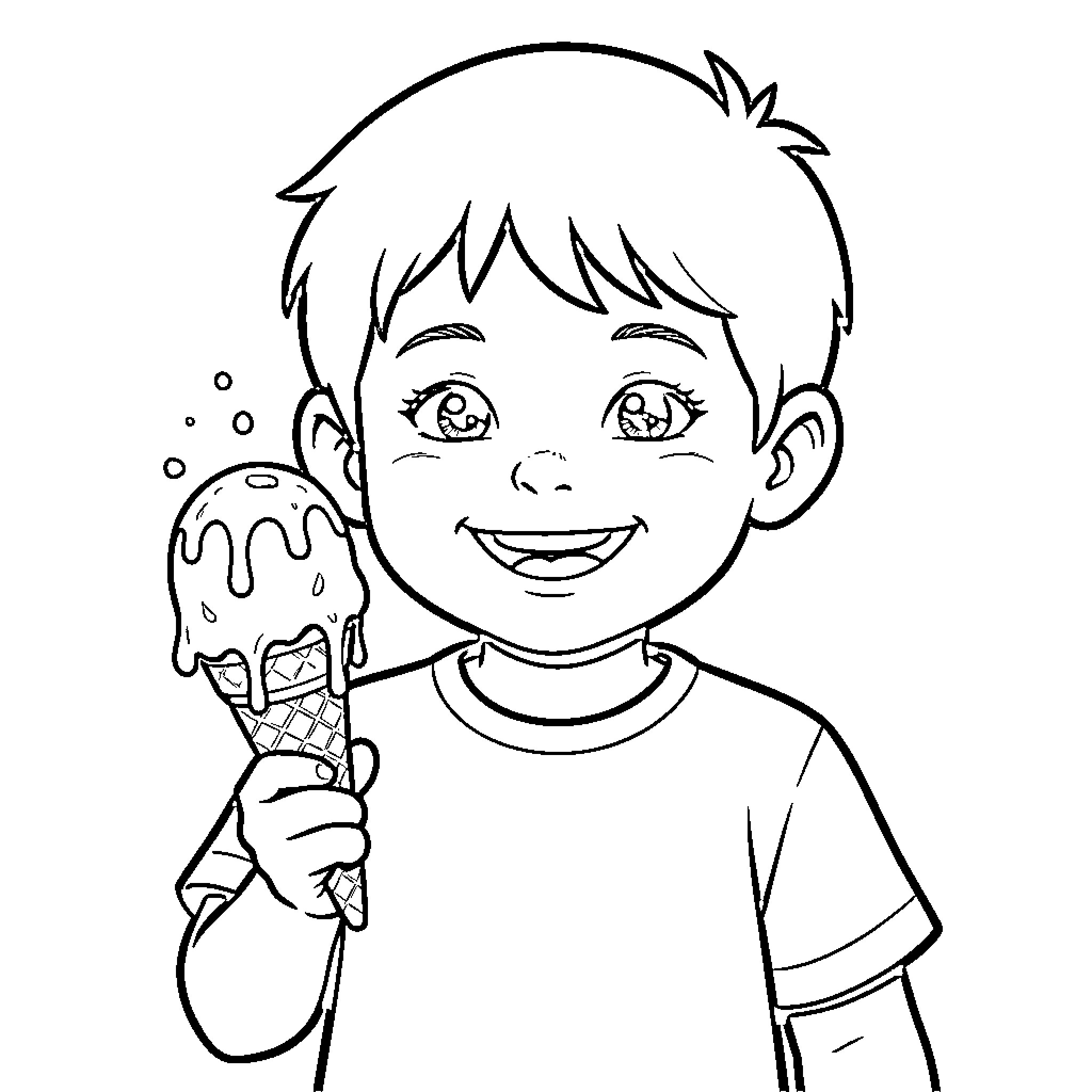 Child smiling happily while holding an ice cream cone Coloring Page (free black-and-white line drawing printable PDF for all, from beginners to advanced learners, including children, teens, adults, and seniors)