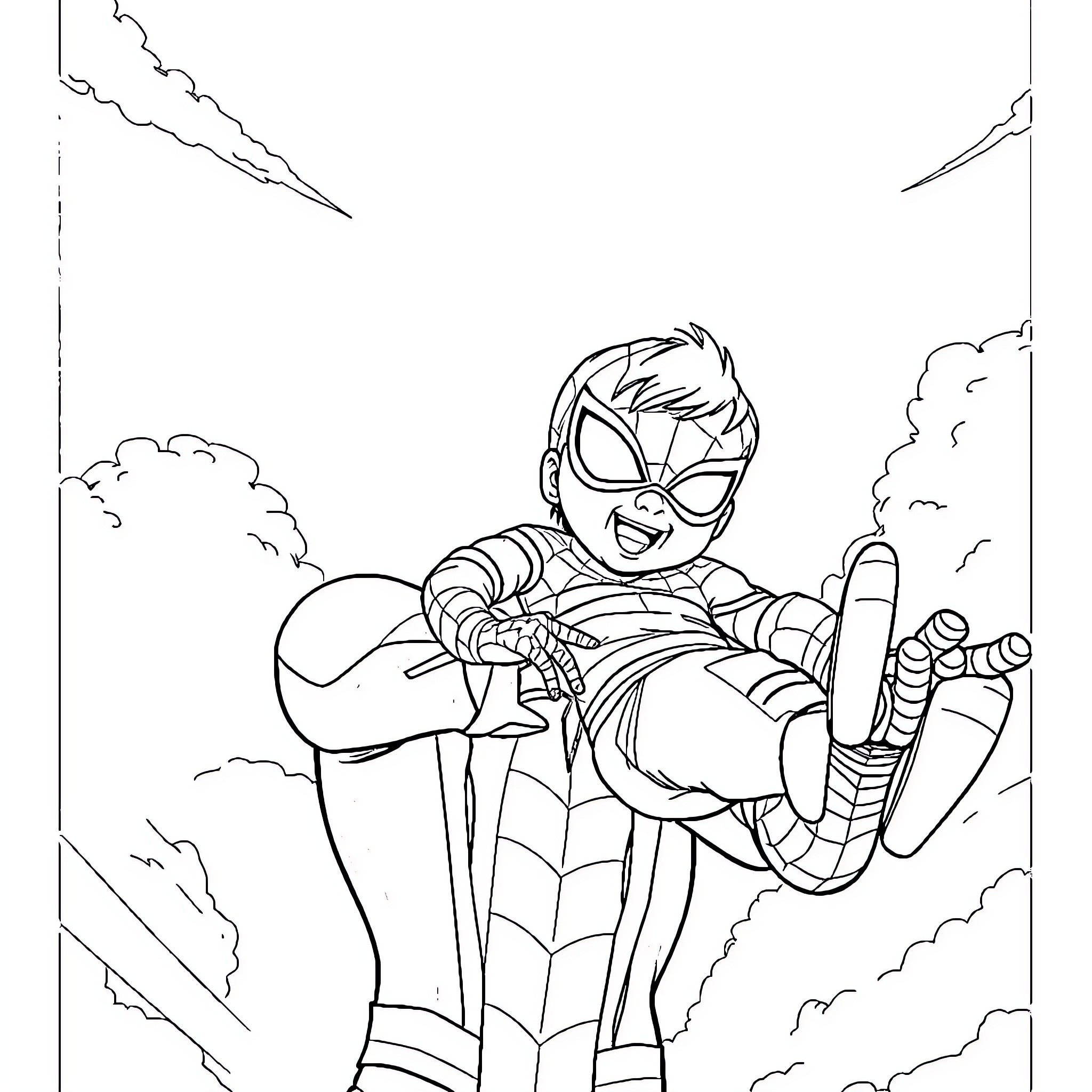 Spiderman swinging through the city with action Coloring Page (free black-and-white line drawing printable PDF for all, from beginners to advanced learners, including children, teens, adults, and seniors)