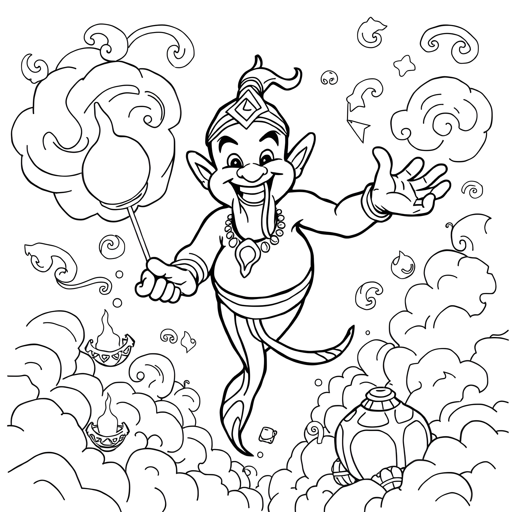 Genie Granting Wishes with Magical Lamps Coloring Page (free black-and-white line drawing printable PDF for all, from beginners to advanced learners, including children, teens, adults, and seniors)