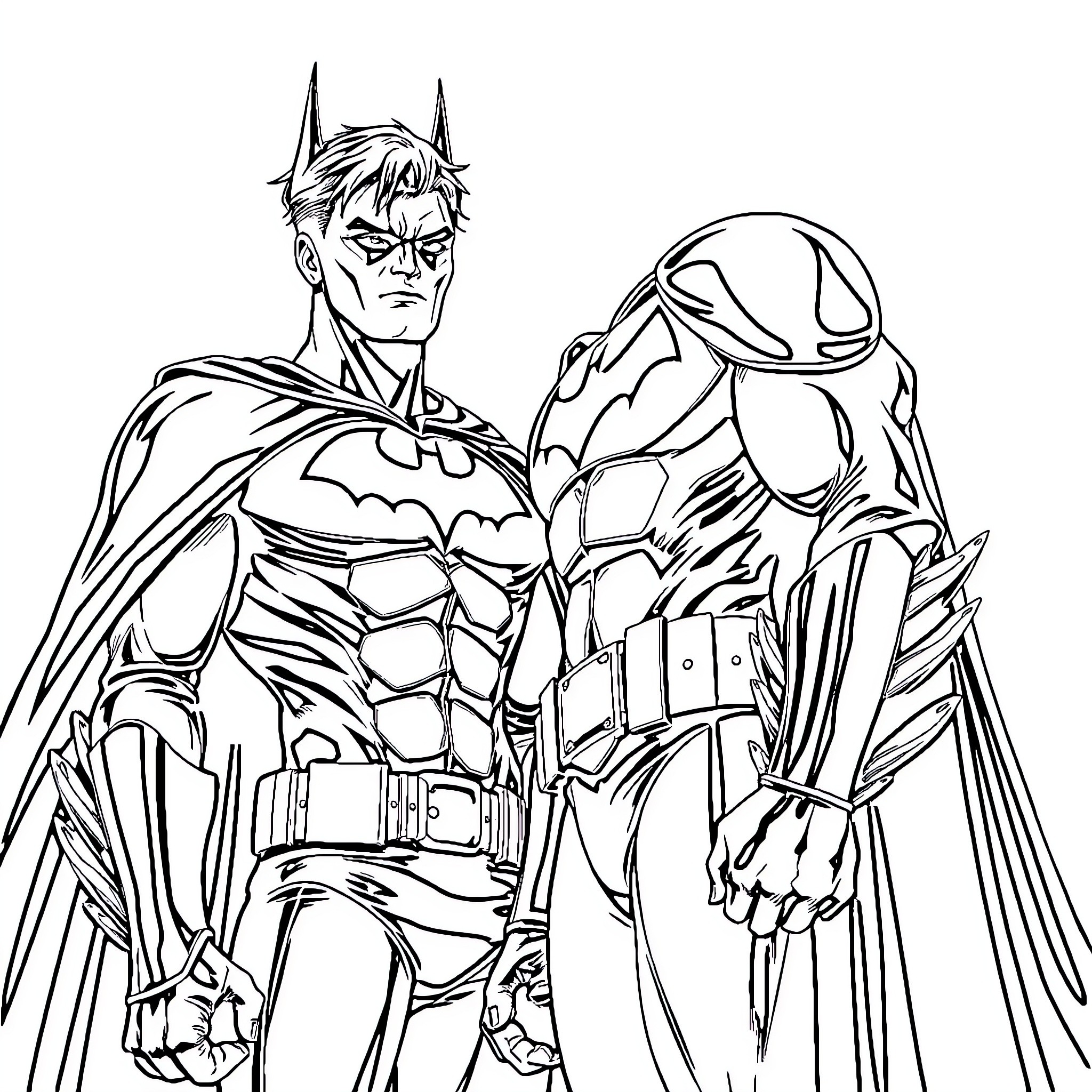 Jason Todd facing off against a menacing foe Coloring Page (free black-and-white line drawing printable PDF for all, from beginners to advanced learners, including children, teens, adults, and seniors)