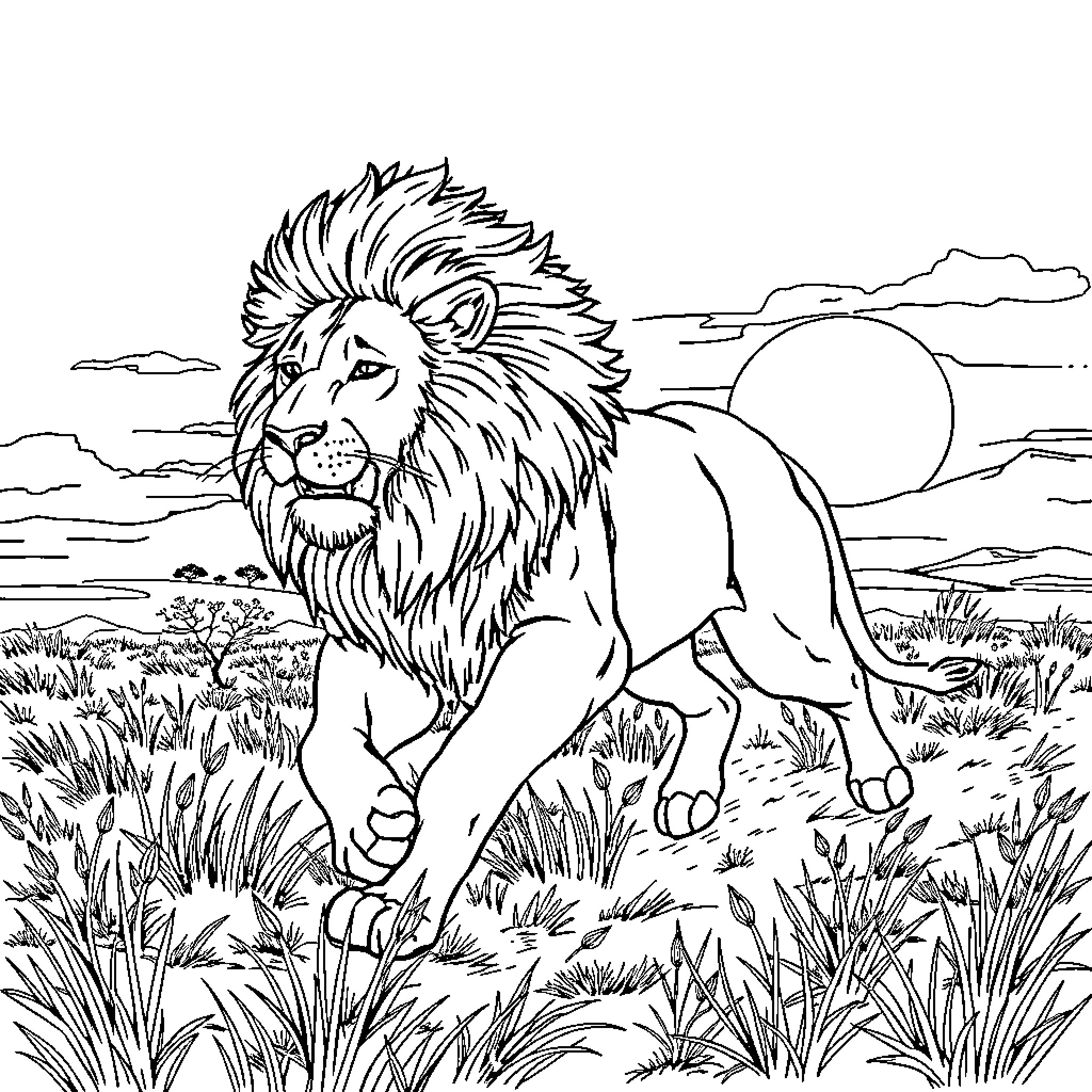 Lion prowling through the savanna landscape Coloring Page (free black-and-white line drawing printable PDF for all, from beginners to advanced learners, including children, teens, adults, and seniors)