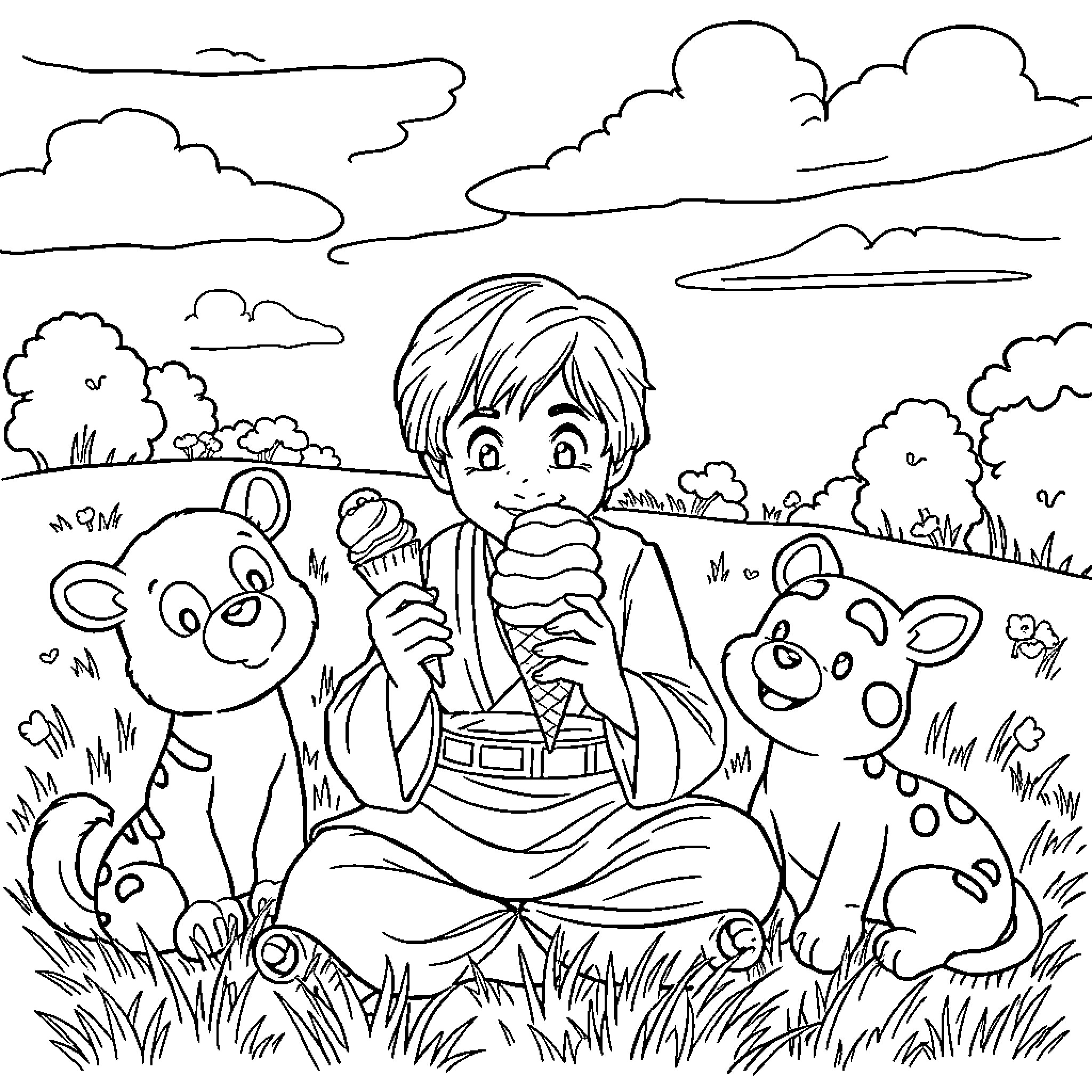Luke Skywalker enjoying nature with friendly animals Coloring Page (free black-and-white line drawing printable PDF for all, from beginners to advanced learners, including children, teens, adults, and seniors)