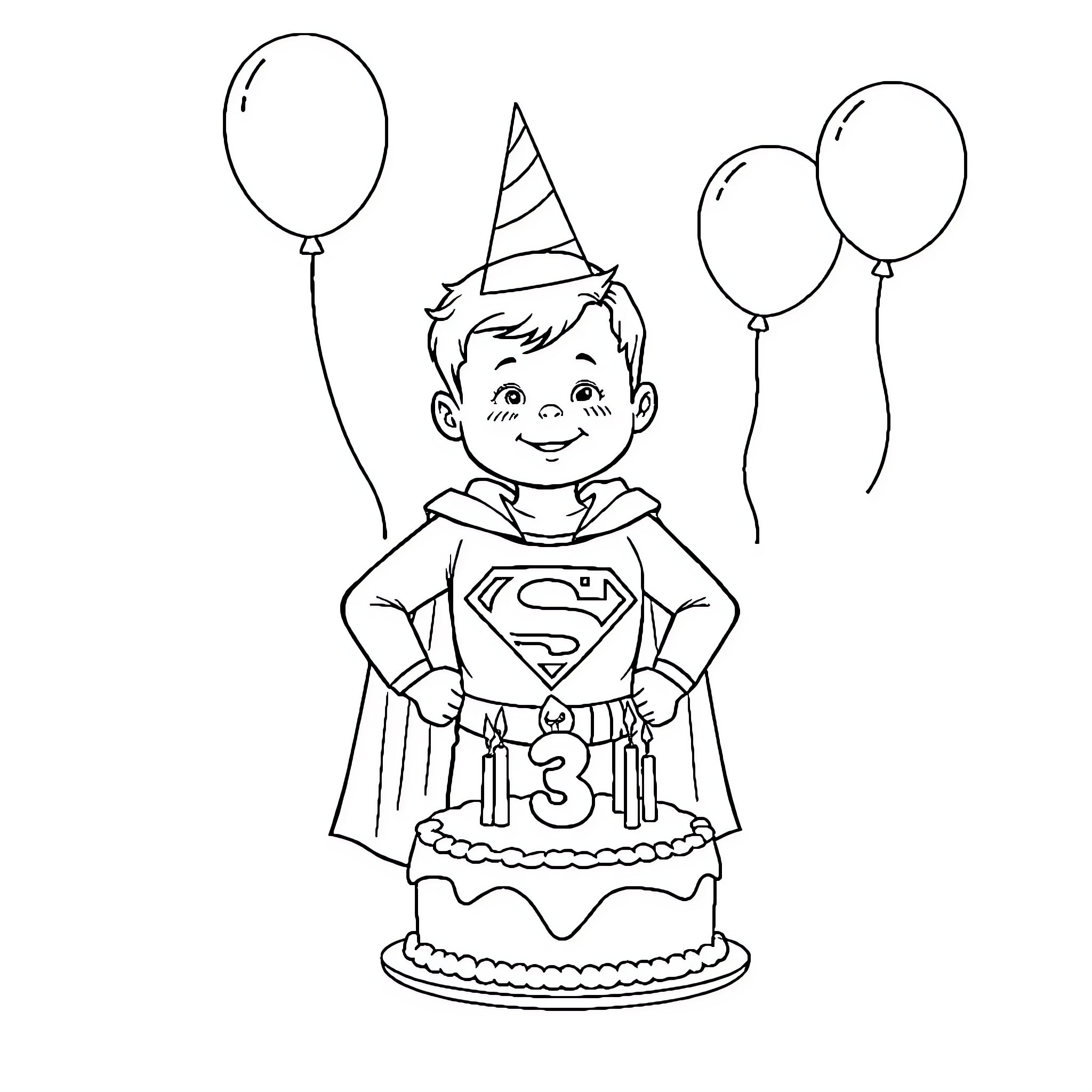 Superman celebrating his birthday party with cake and balloons Coloring Page (free black-and-white line drawing printable PDF for all, from beginners to advanced learners, including children, teens, adults, and seniors)