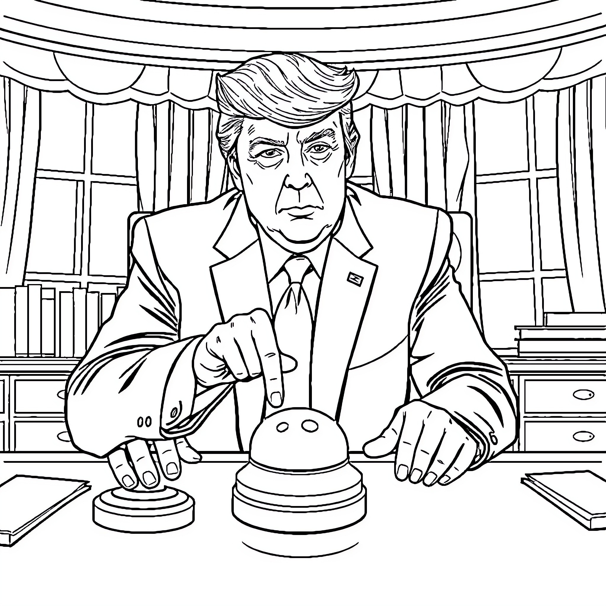 Donald Trump Playing with Desk Bells in the Oval Office Coloring Page (free black-and-white line drawing printable PDF for all, from beginners to advanced learners, including children, teens, adults, and seniors)