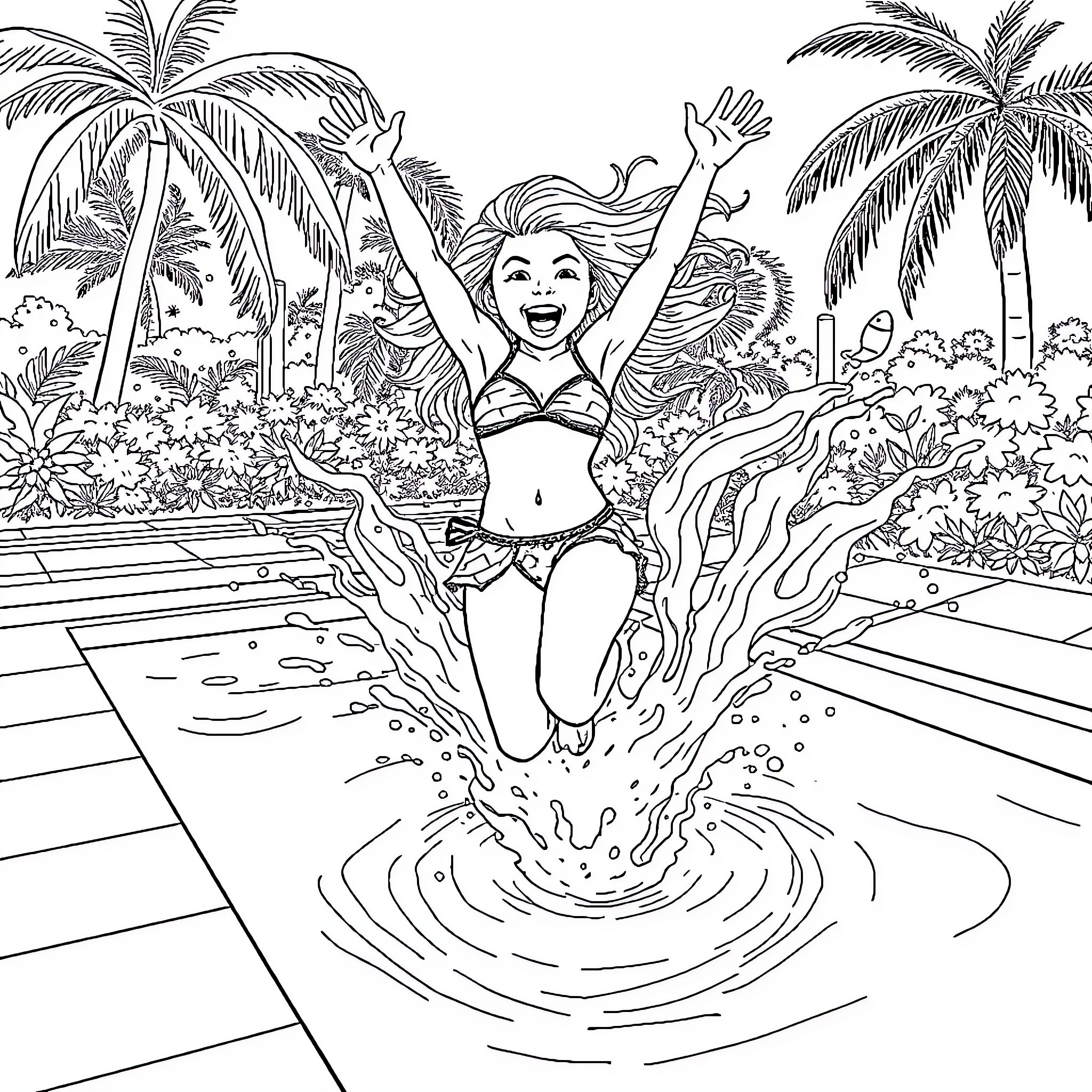 Girl joyfully jumping into tropical pool Coloring Page (free black-and-white line drawing printable PDF for all, from beginners to advanced learners, including children, teens, adults, and seniors)