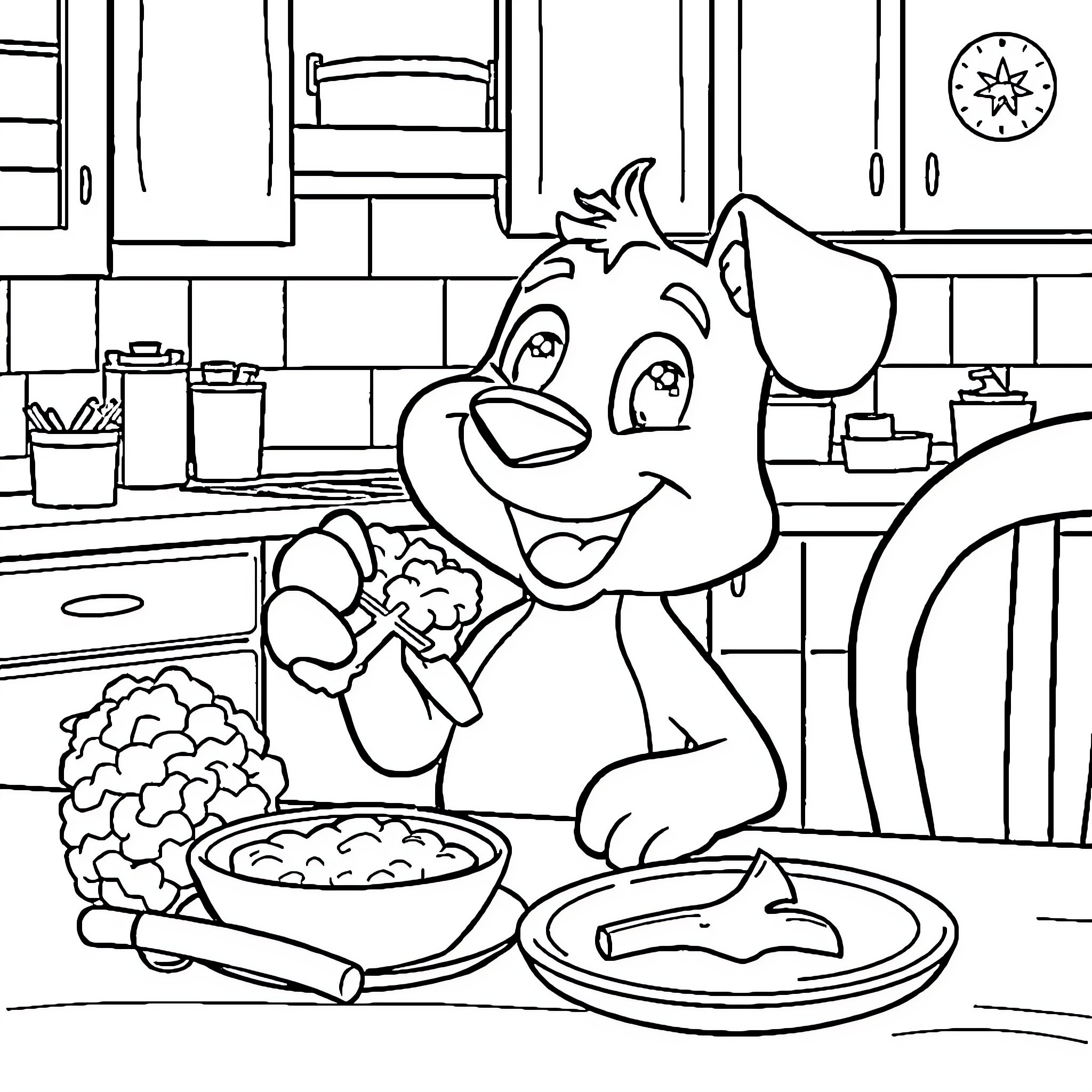 Bluey Cooking a Meal in the Kitchen Coloring Page (free black-and-white line drawing printable PDF for all, from beginners to advanced learners, including children, teens, adults, and seniors)