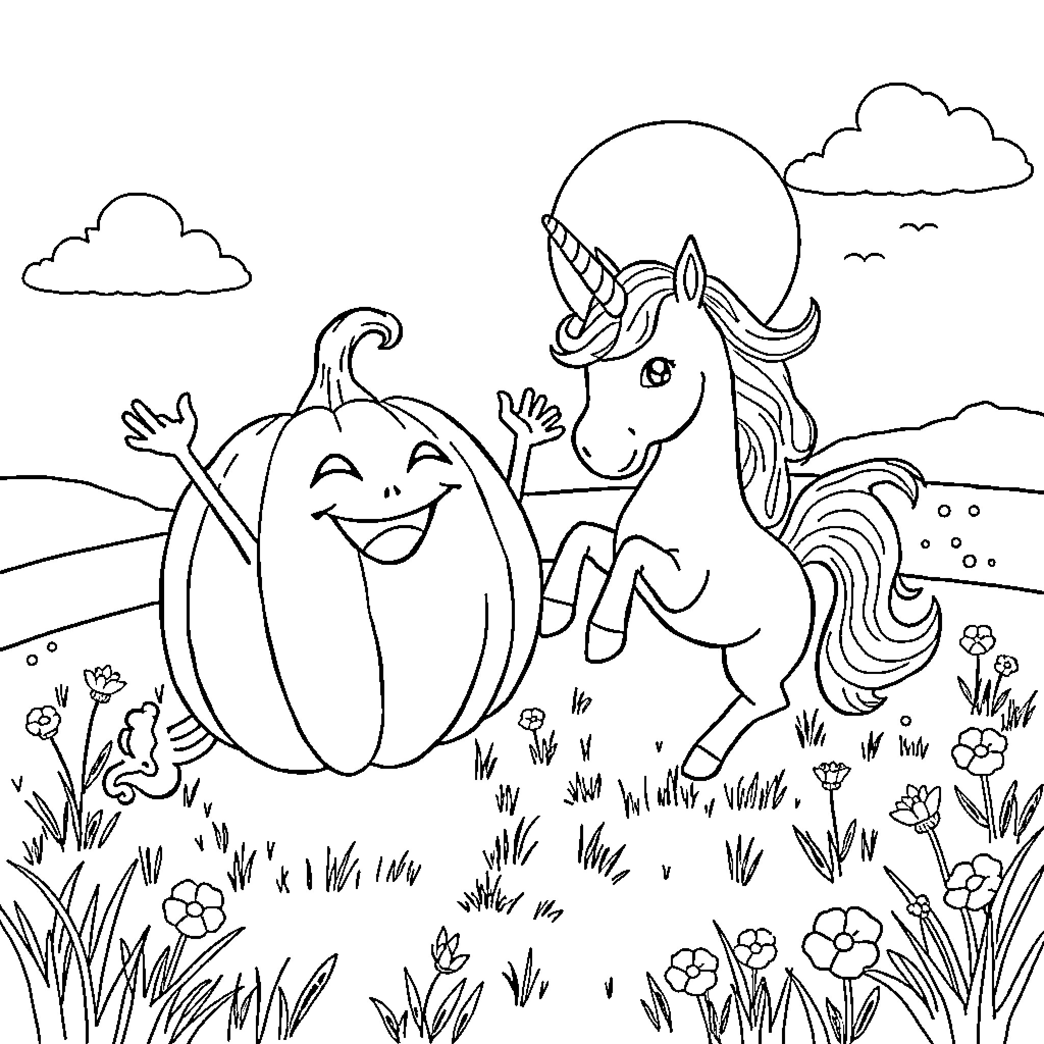 Pumpkin and Unicorn Enjoying a Meadow Coloring Page (free black-and-white line drawing printable PDF for all, from beginners to advanced learners, including children, teens, adults, and seniors)