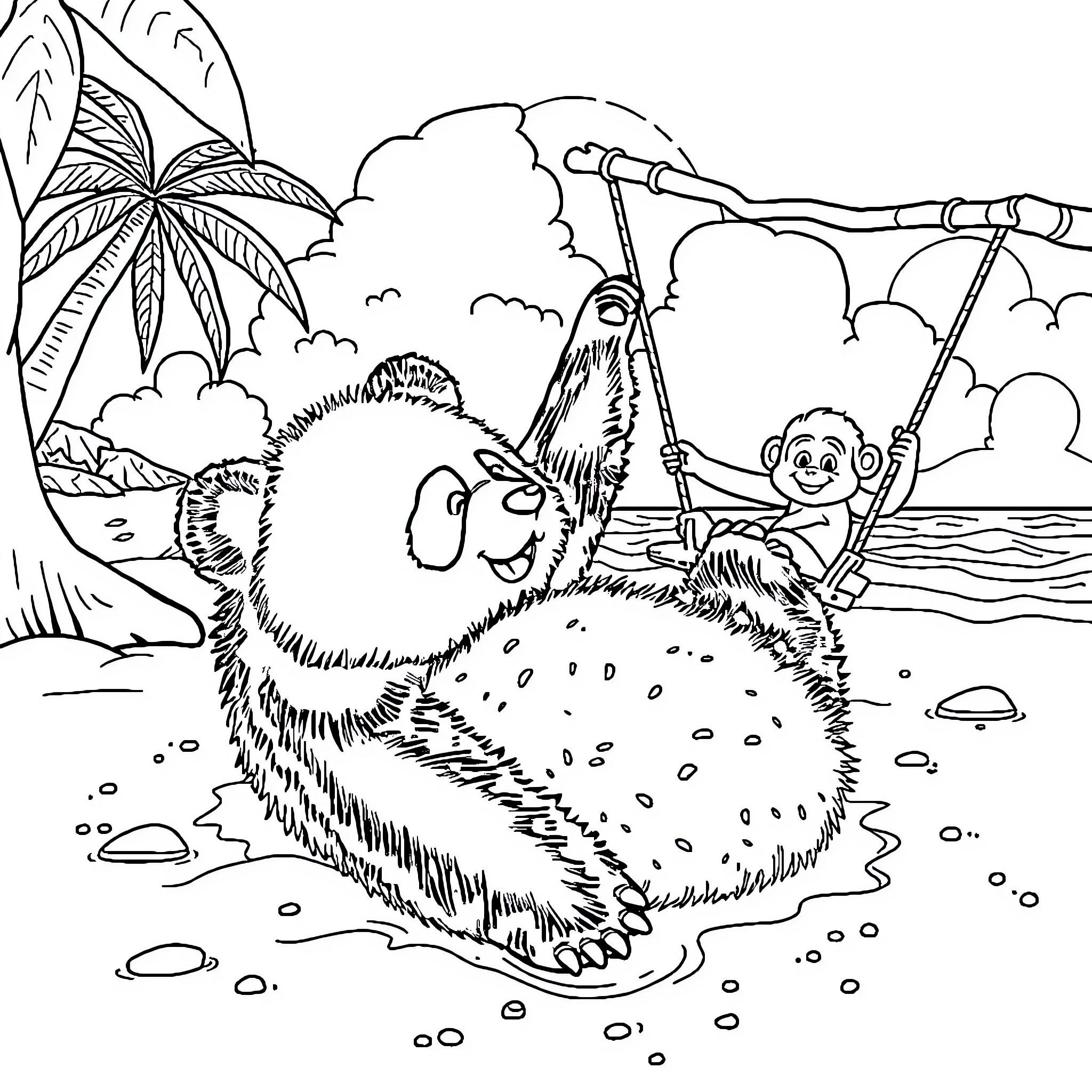 Panda playing in the jungle with friends Coloring Page (free black-and-white line drawing printable PDF for all, from beginners to advanced learners, including children, teens, adults, and seniors)