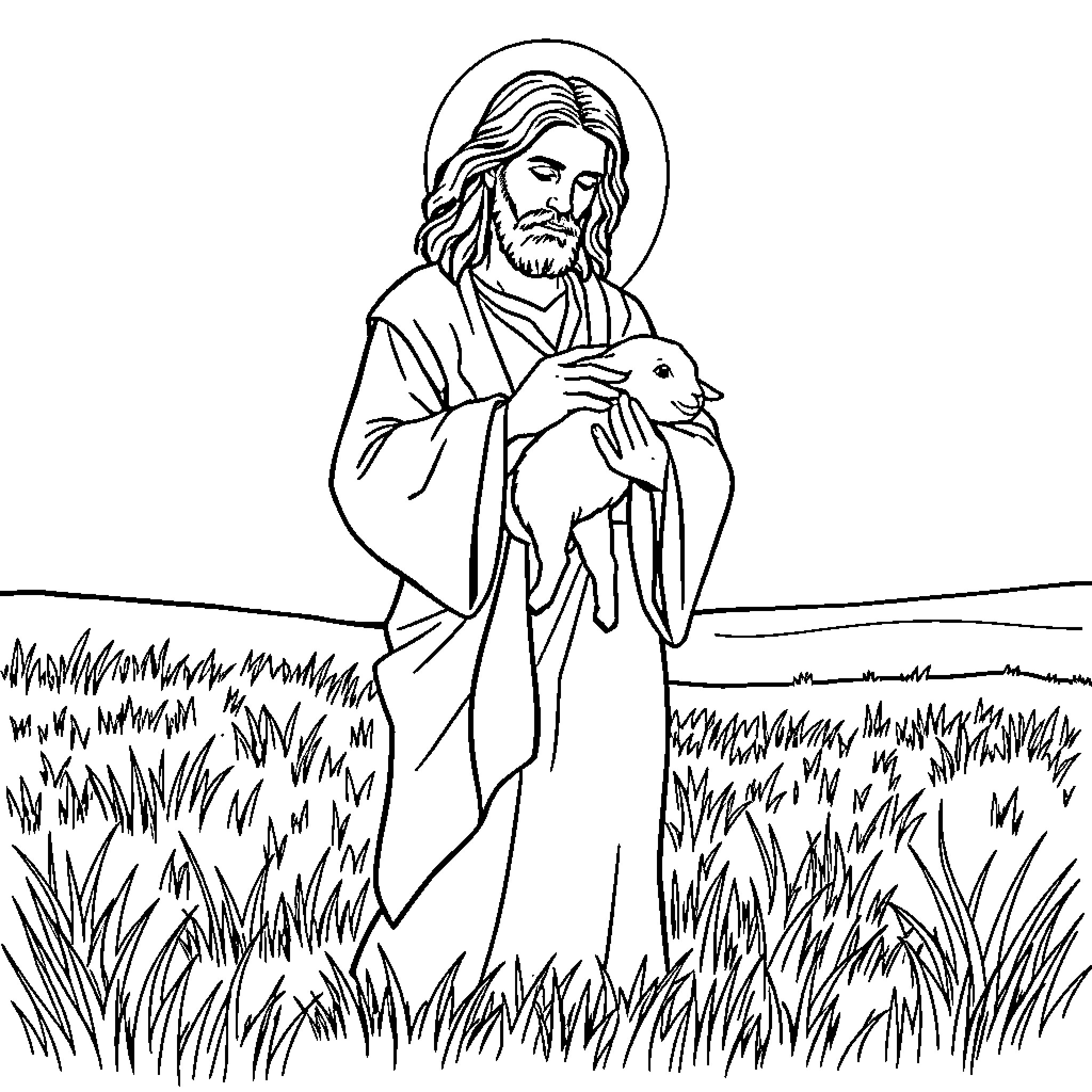 Jesus Cradling a Lamb in a Grassy Field Coloring Page (free black-and-white line drawing printable PDF for all, from beginners to advanced learners, including children, teens, adults, and seniors)
